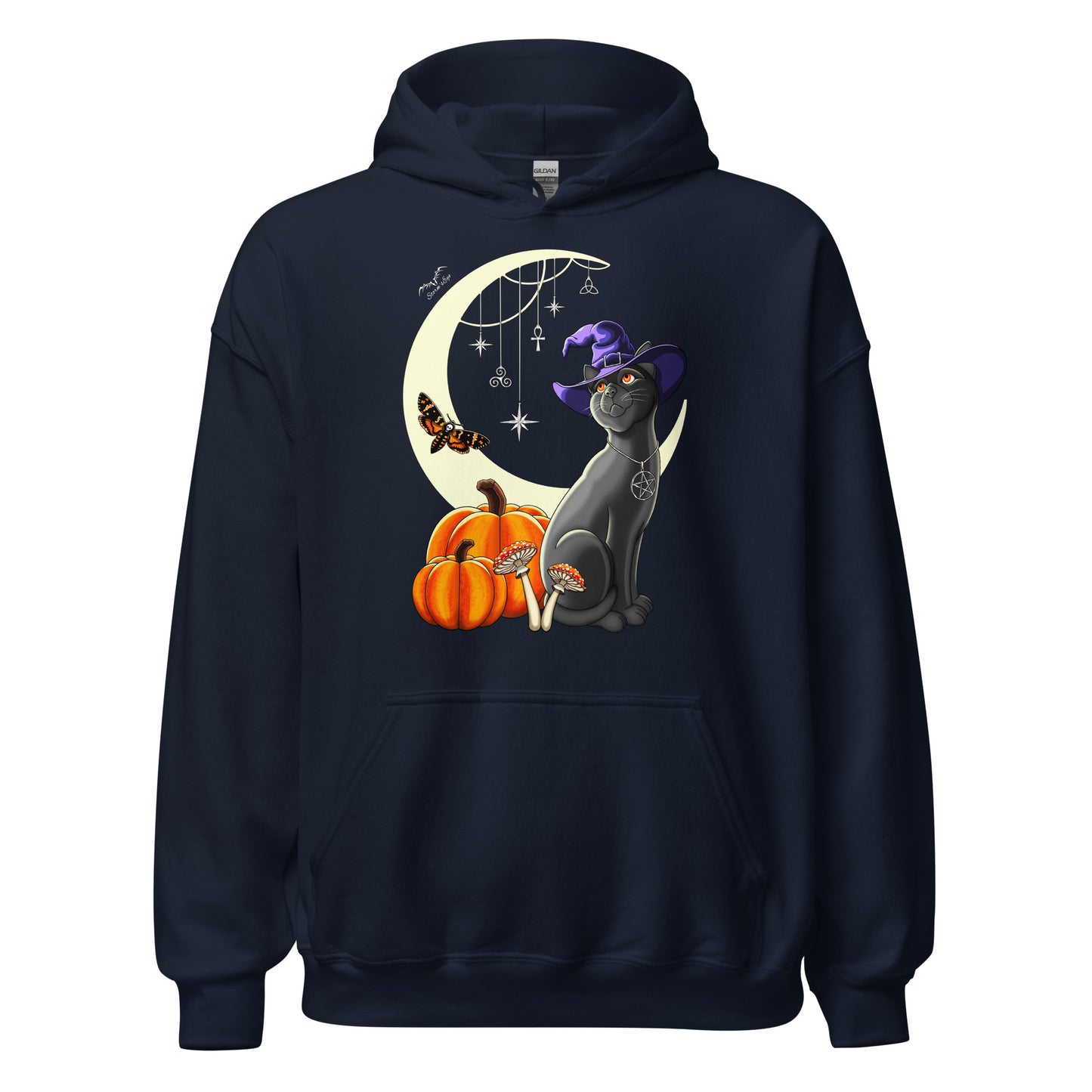 stormseye design witch’s cat halloween hoodie flat view navy blue