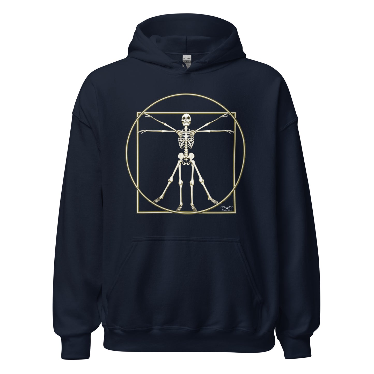 stormseye design vitruvian skeleton fine art hoodie flat view navy blue