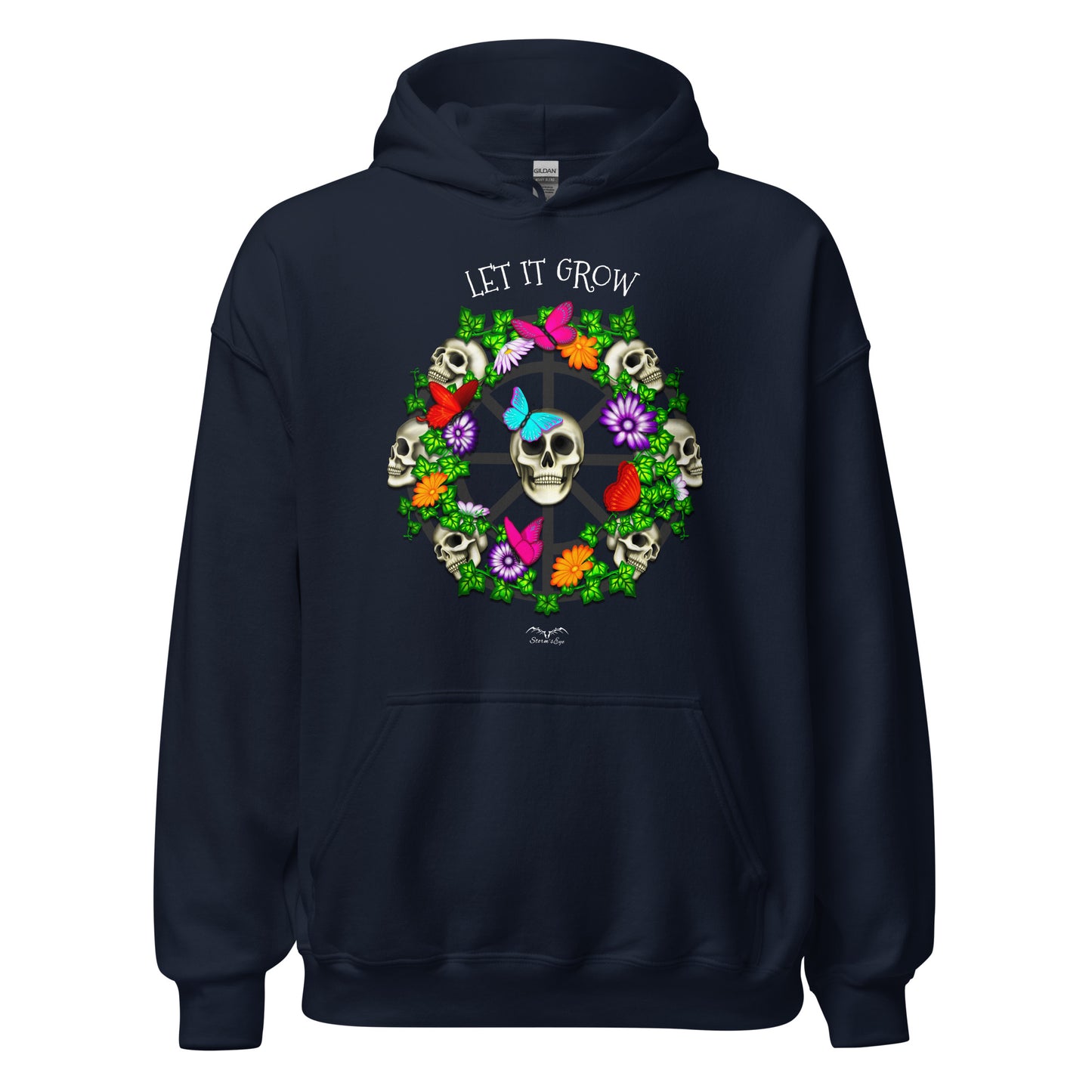 stormseye design skulls and flowers gothic hoodie flat view navy blue