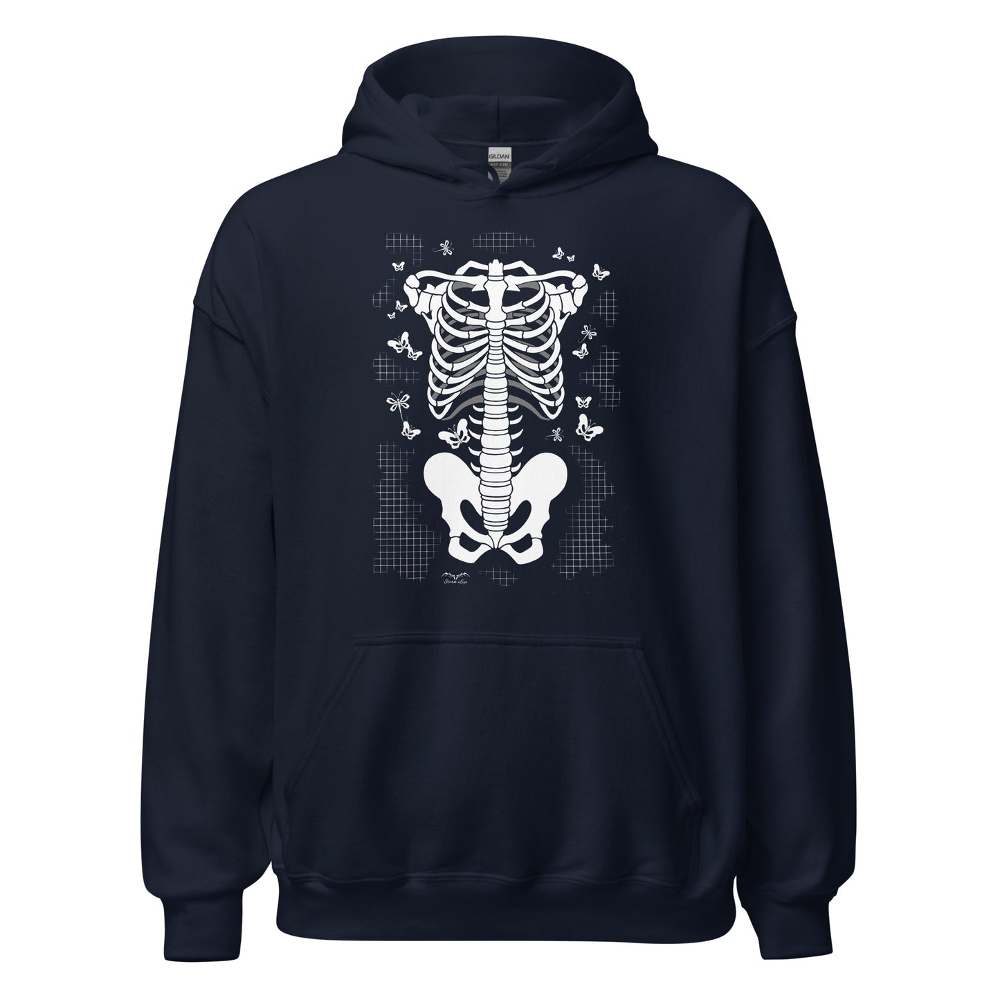 stormseye design skeleton torso halloween hoodie flat view navy blue