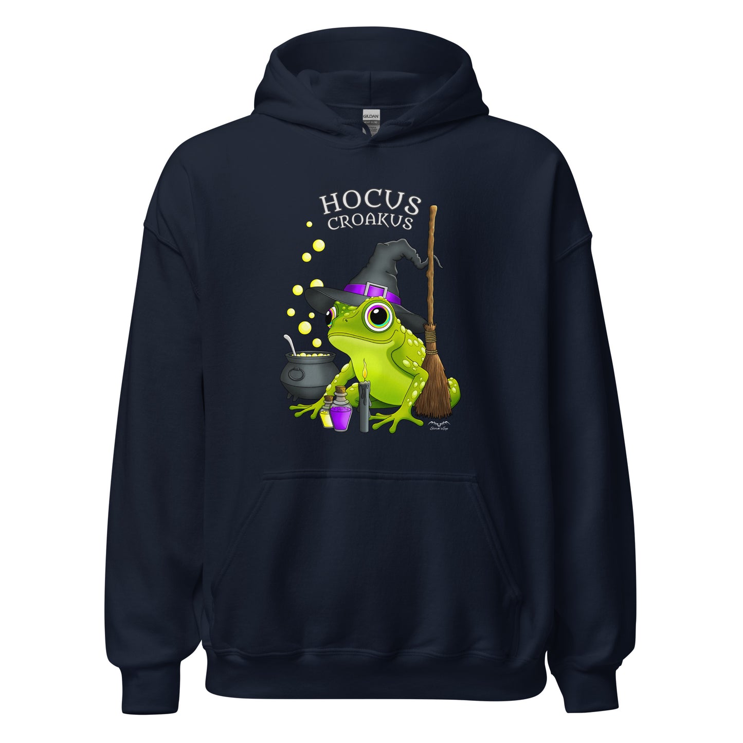 stormseye design witch frog hocus croakus hoodie flat view navy blue