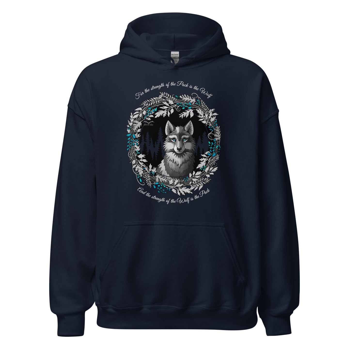 stormseye design silver winter wolf hoodie flat view navy blue