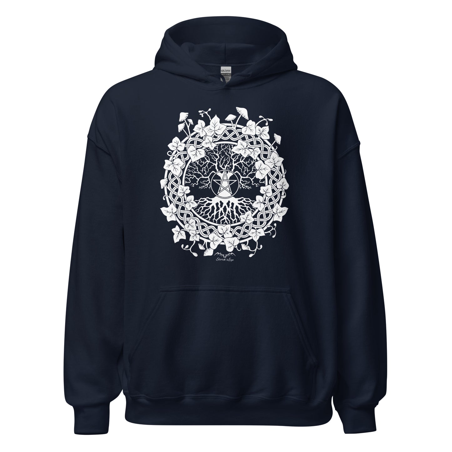 stormseye design pagan tree of life hoodie flat view navy blue