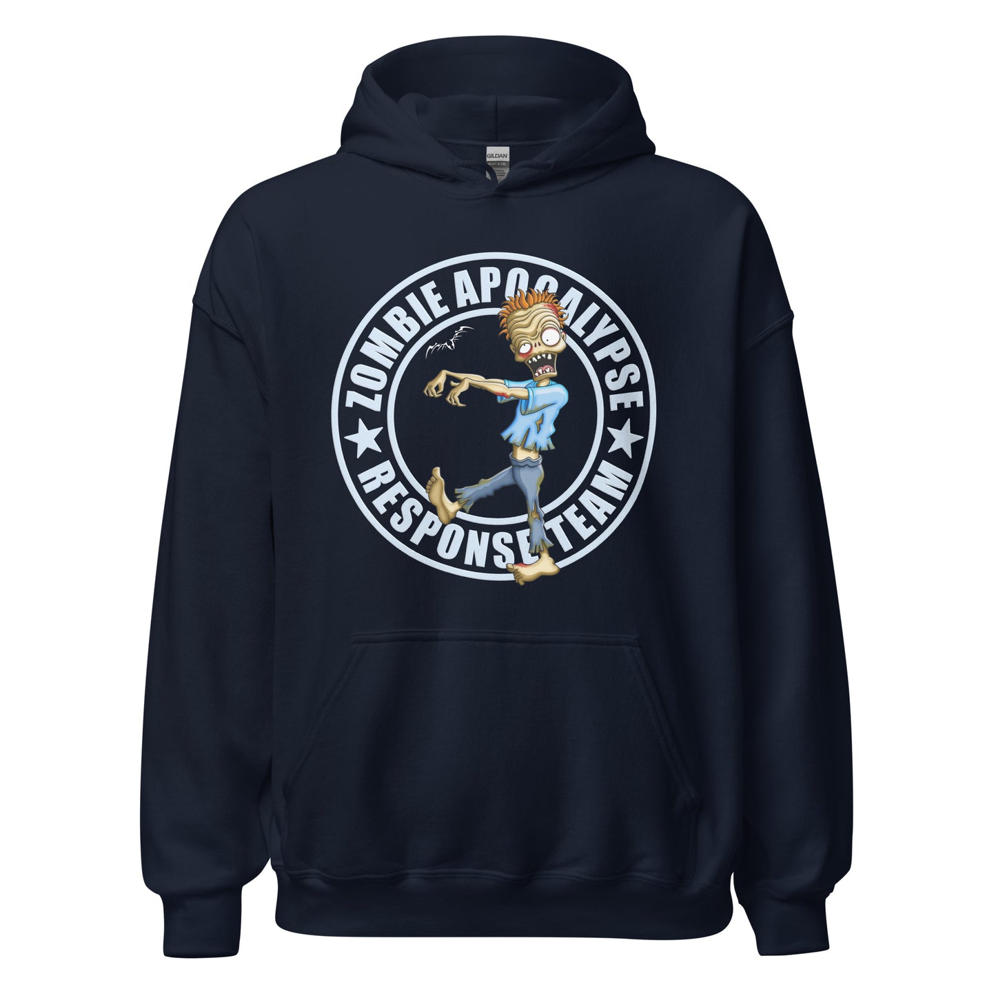 stormseye design zombie apocalypse colour hoodie, flat view navy blue
