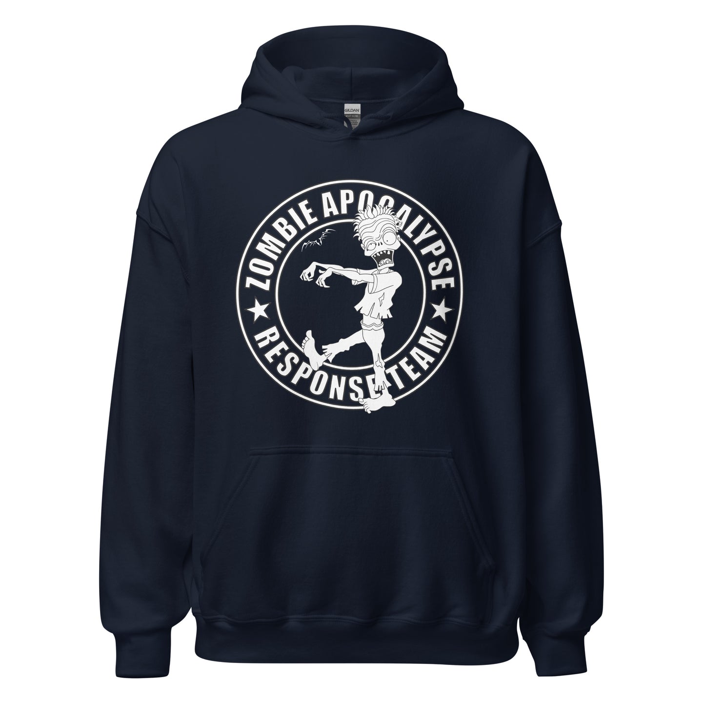 stormseye design zombie apocalypse colour hoodie, flat view navy