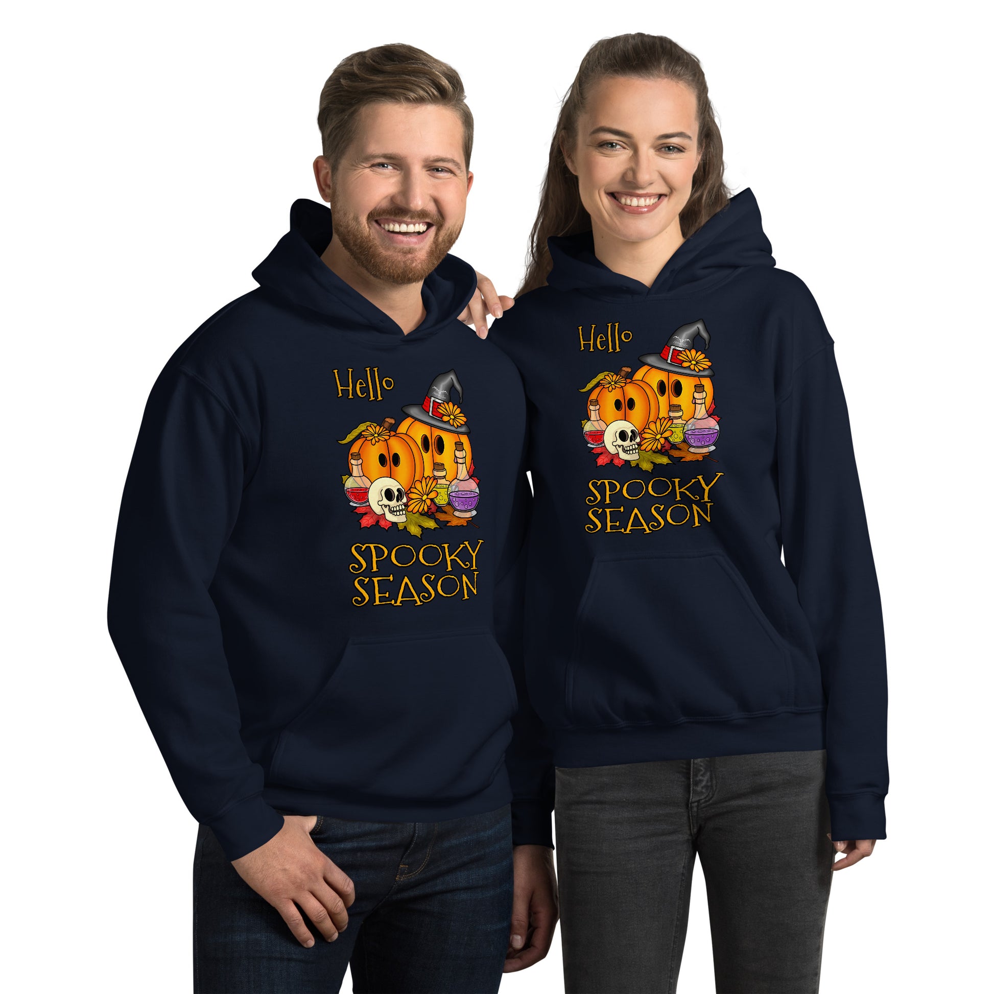 stormseye design hello spooky season hoodie modelled view navy blue