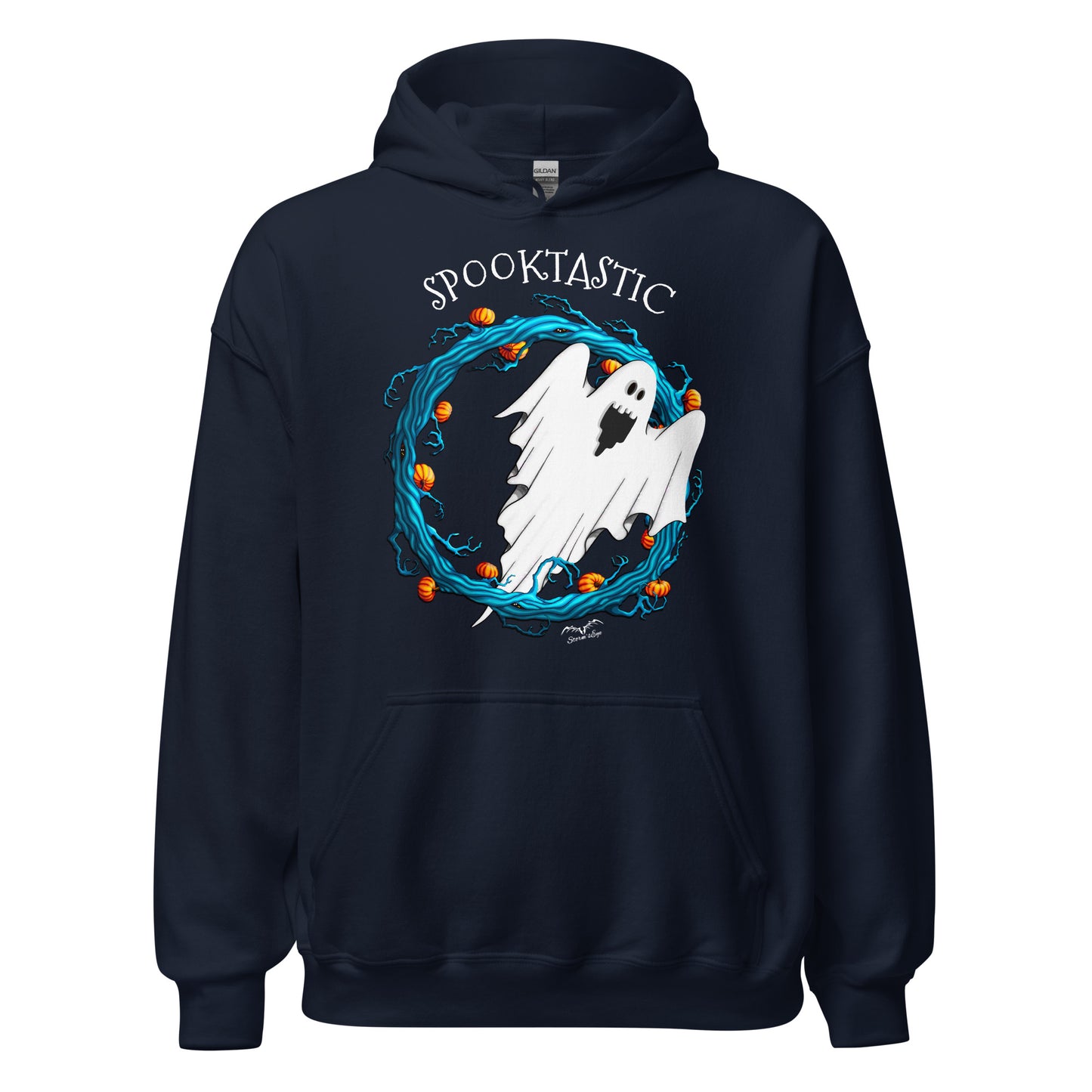 stormseye design halloween ghost spooktastic hoodie flat view navy blue