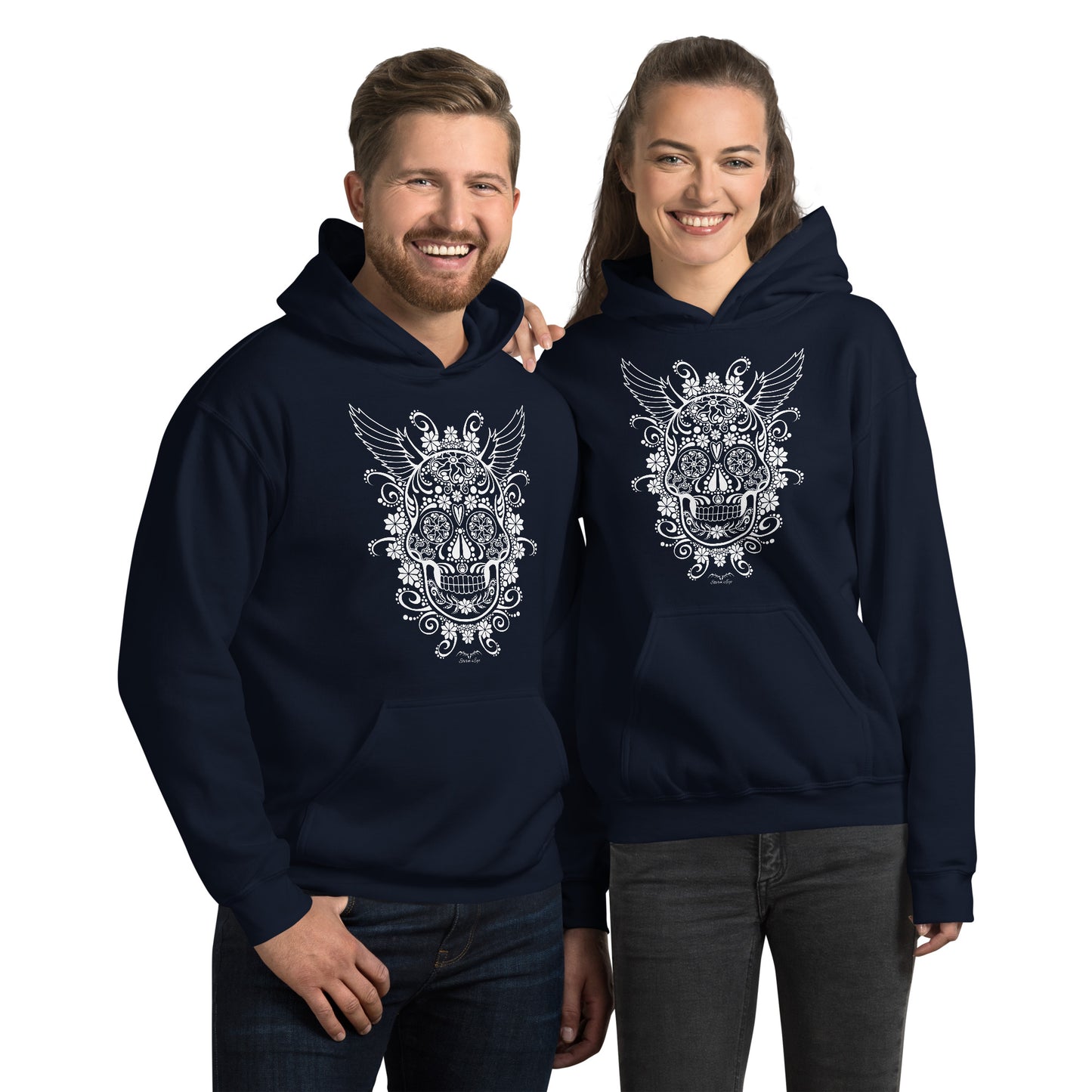 stormseye design gothic sugar skull hoodie modelled view navy blue