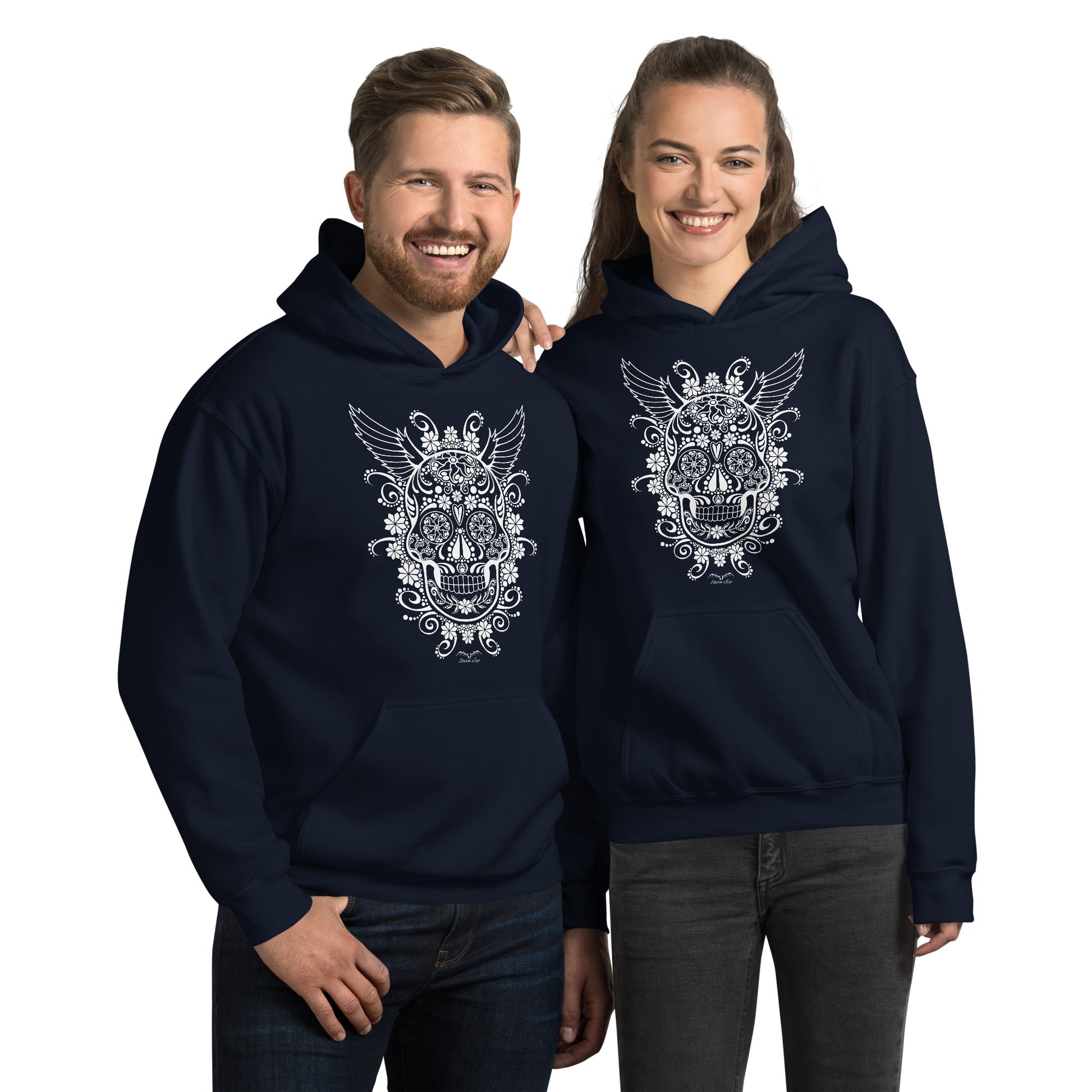 stormseye design gothic sugar skull hoodie modelled view navy blue