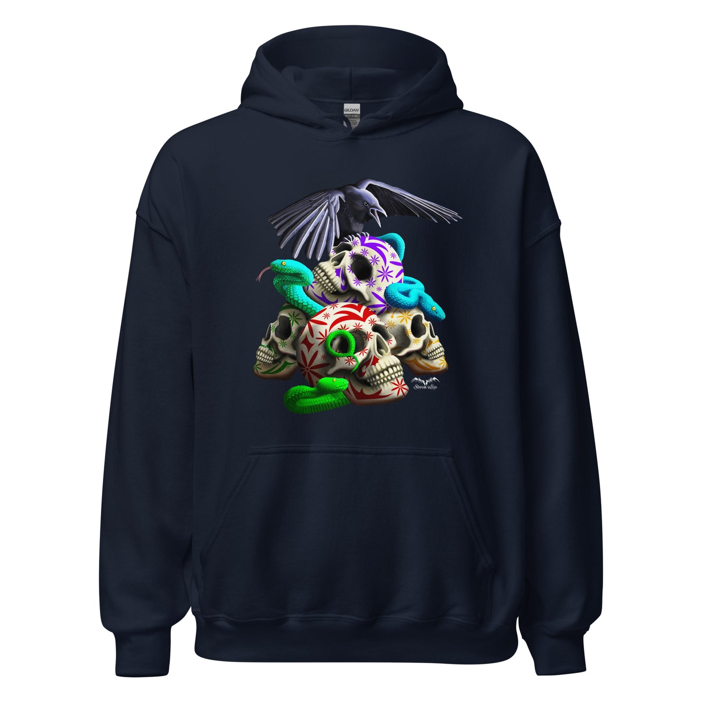 stormseye design gothic skulls & snakes hoodie flat view navy blue
