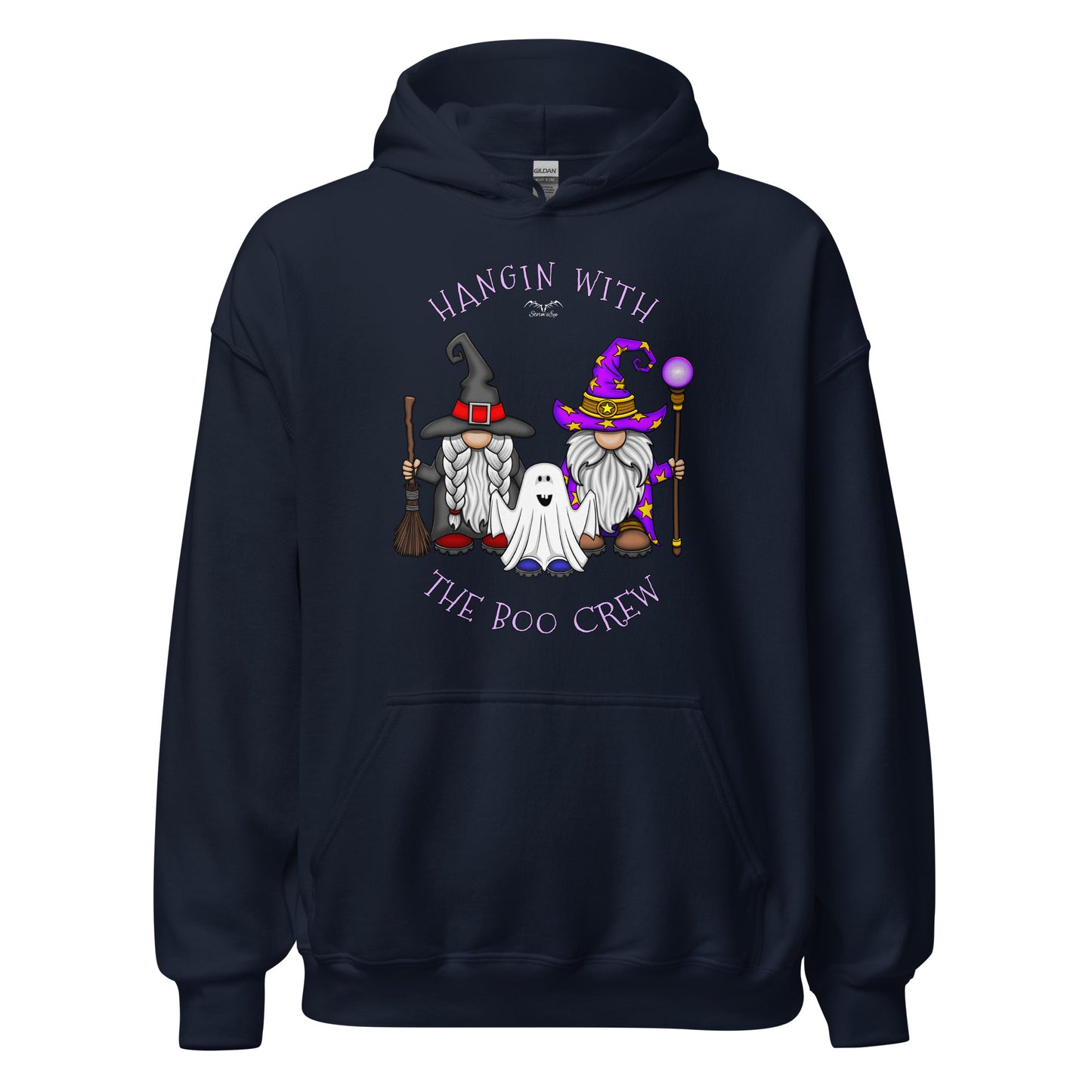 stormseye design boo crew halloween hoodie flat view navy blue