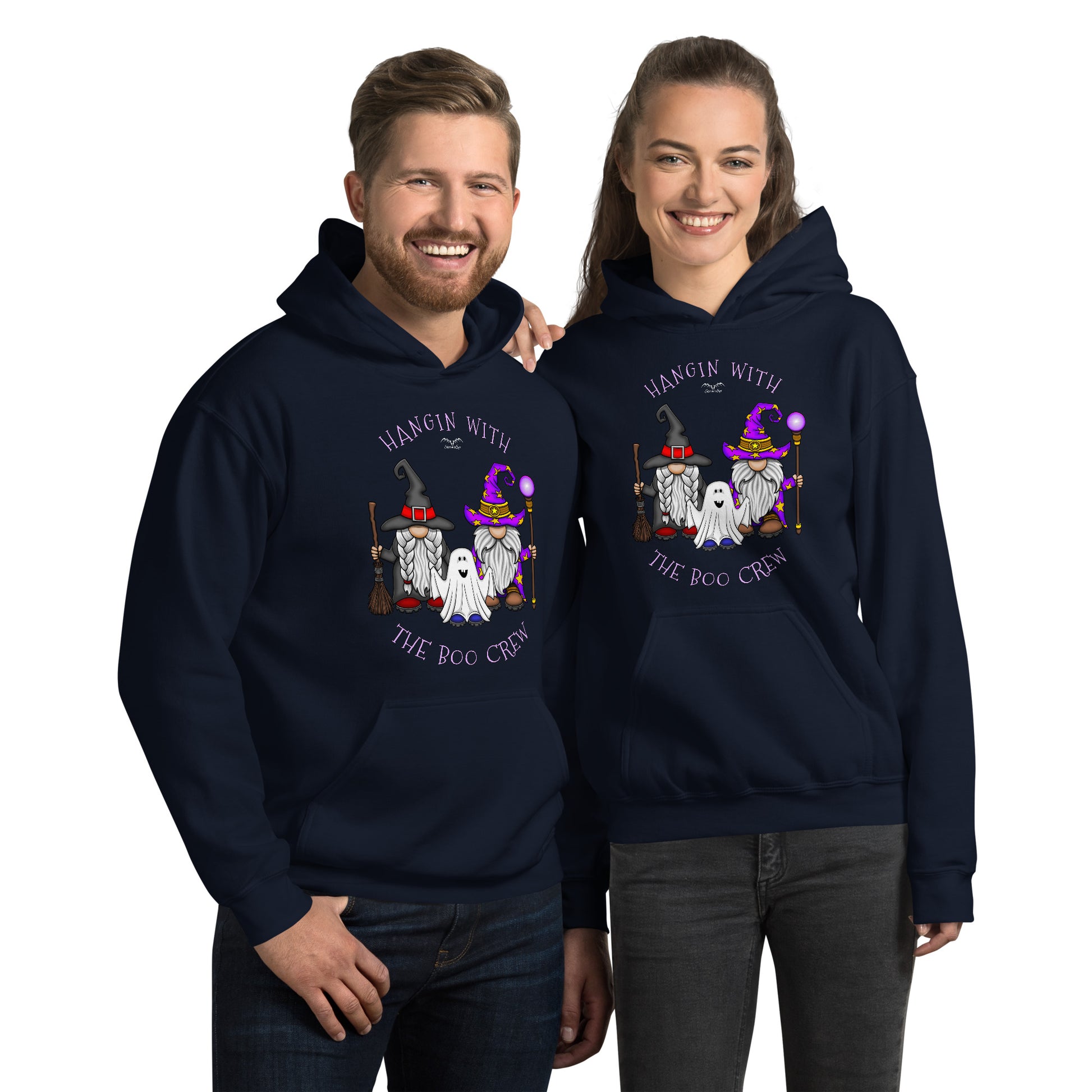 stormseye design boo crew halloween hoodie modelled view navy blue