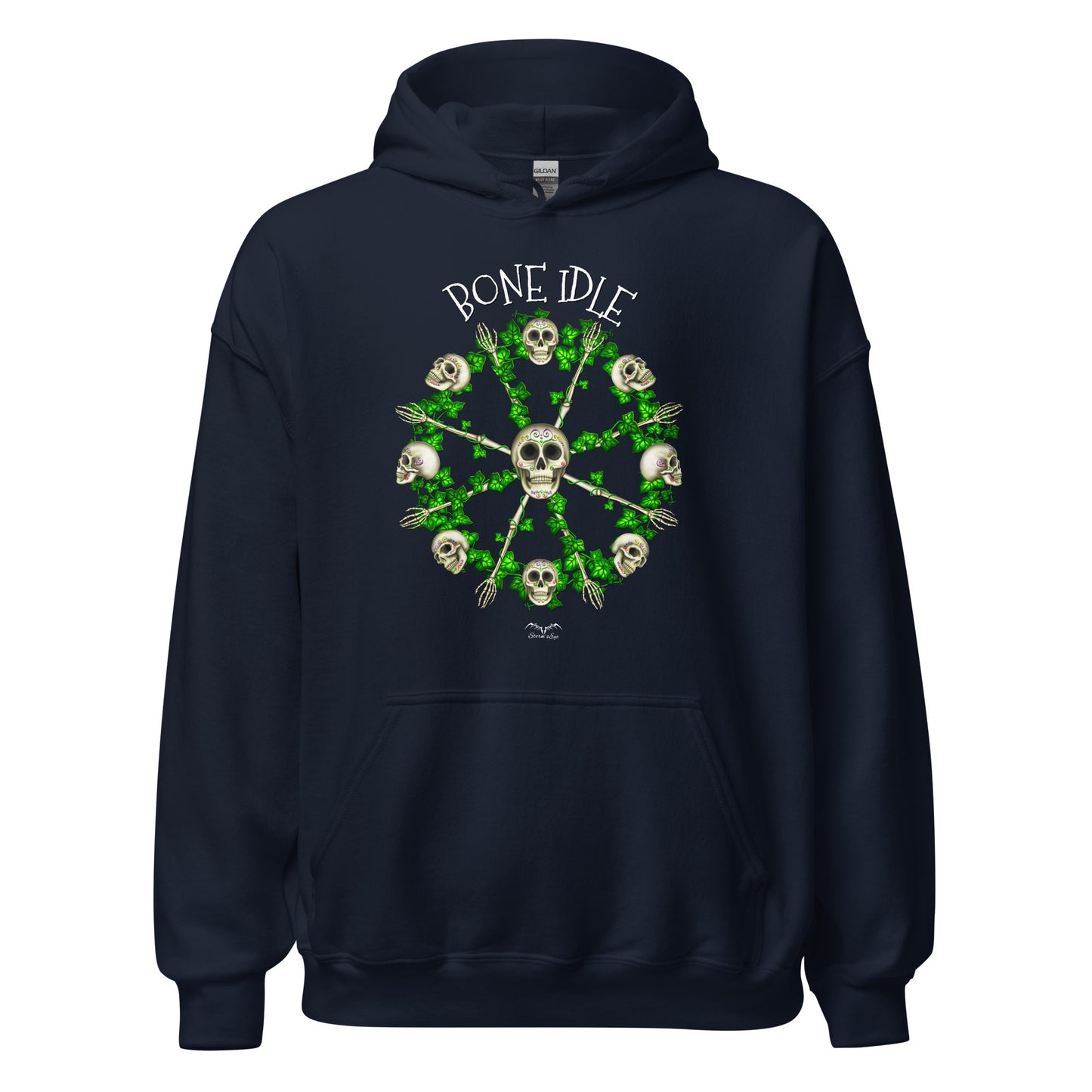 stormseye design bone idle skulls hoodie flat view navy blue