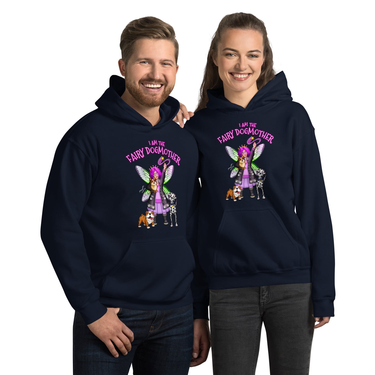 stormseye design fairy dog mother hoodie, modelled view light navy blue