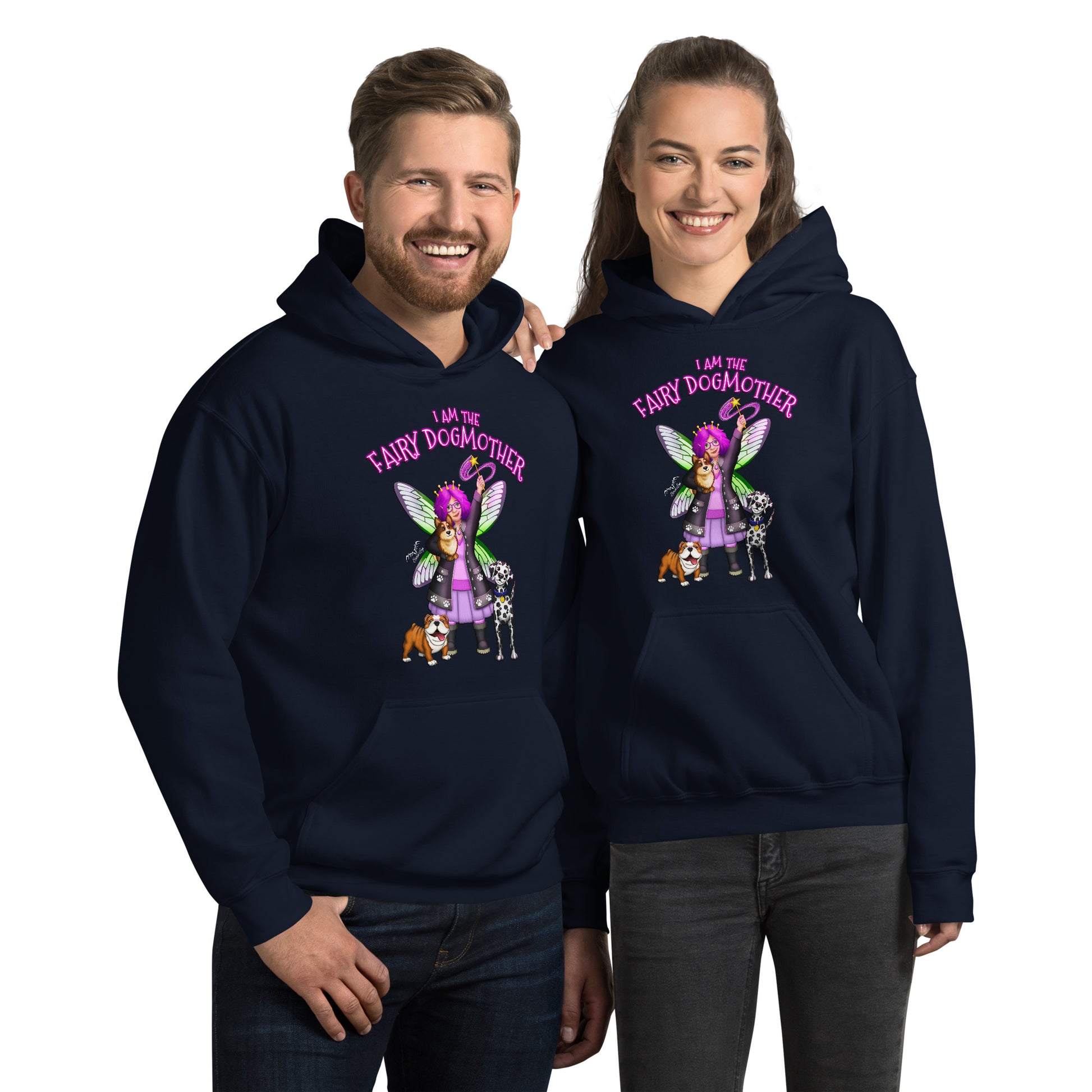 stormseye design fairy dog mother hoodie, modelled view light navy blue