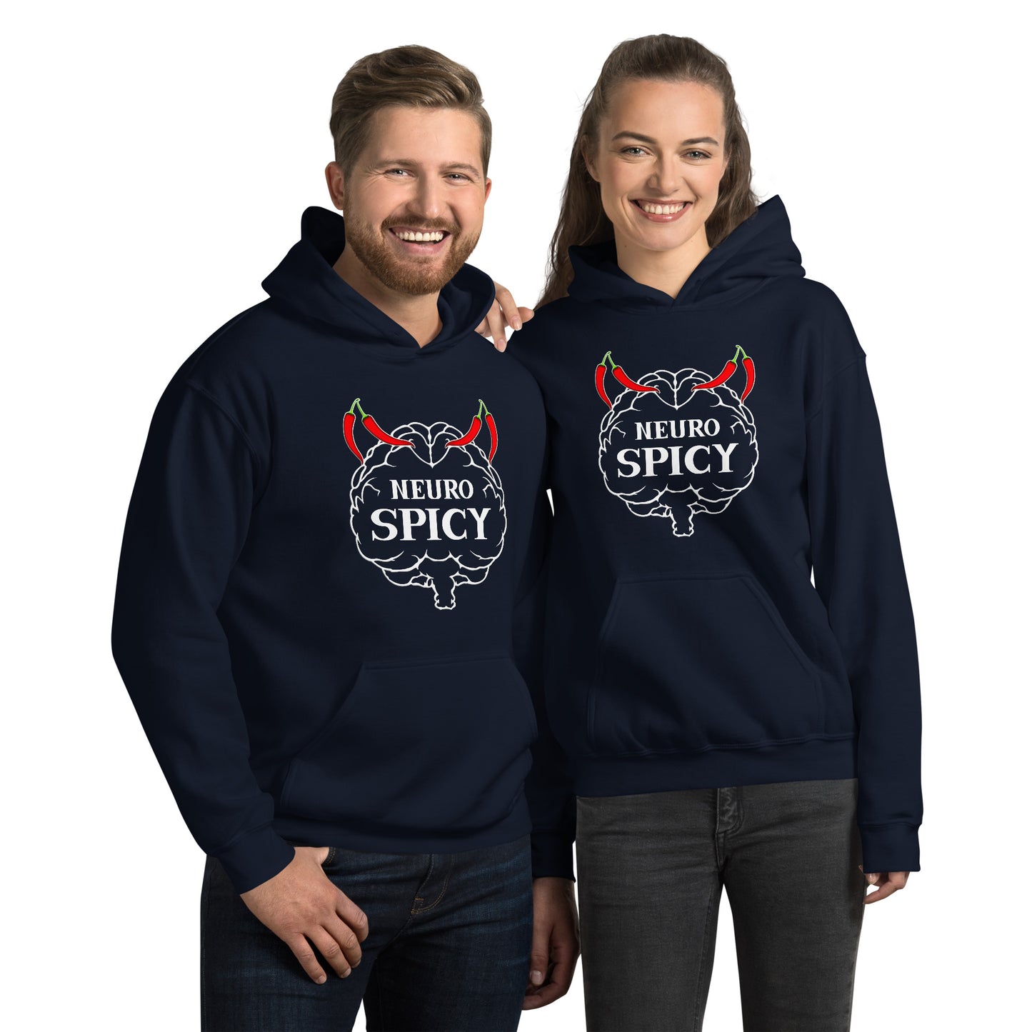Neuro spicy hoodie by Stormseye, navy blue, modelled view