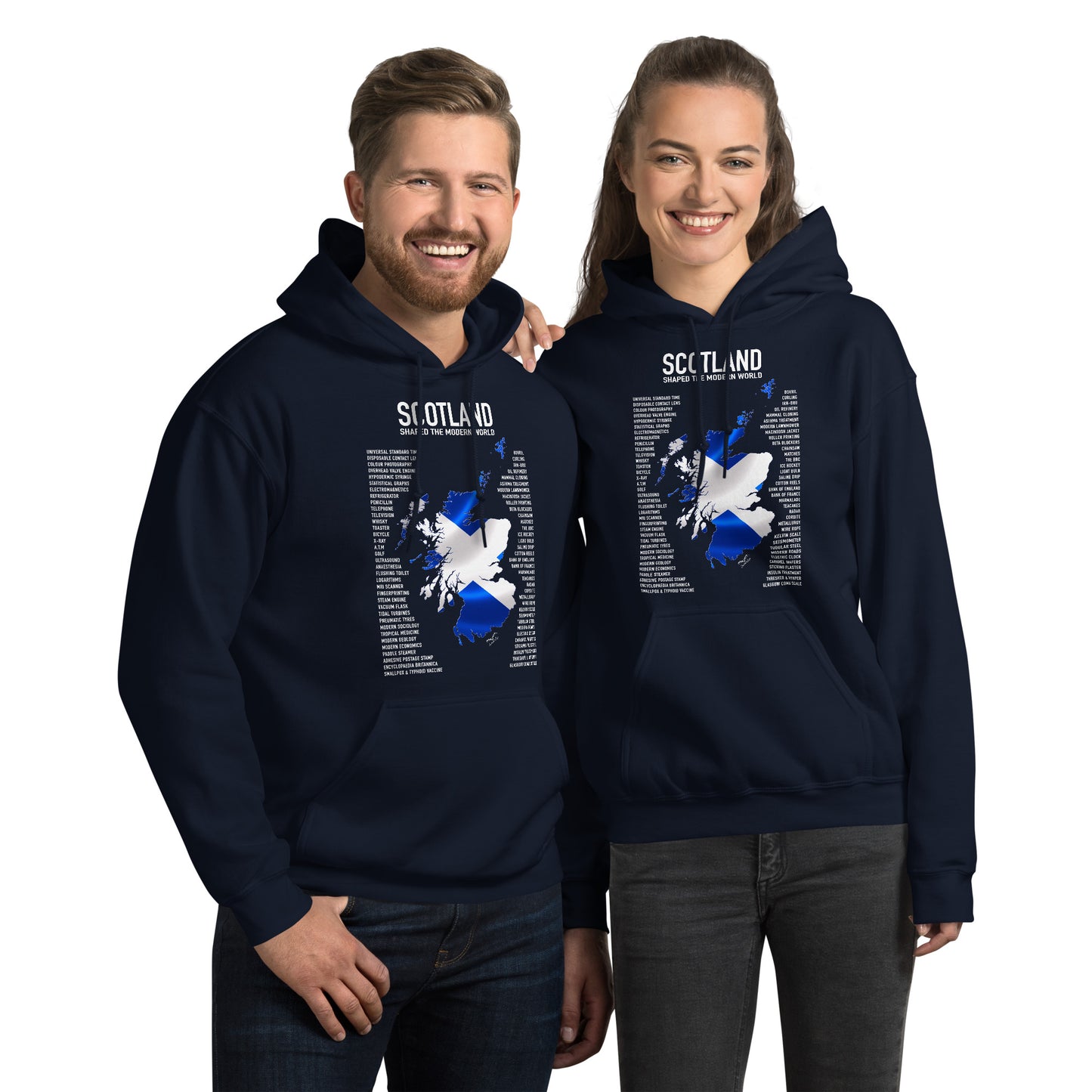 scotland inventions hoodie by Stormseye Design, navy blue, modelled view