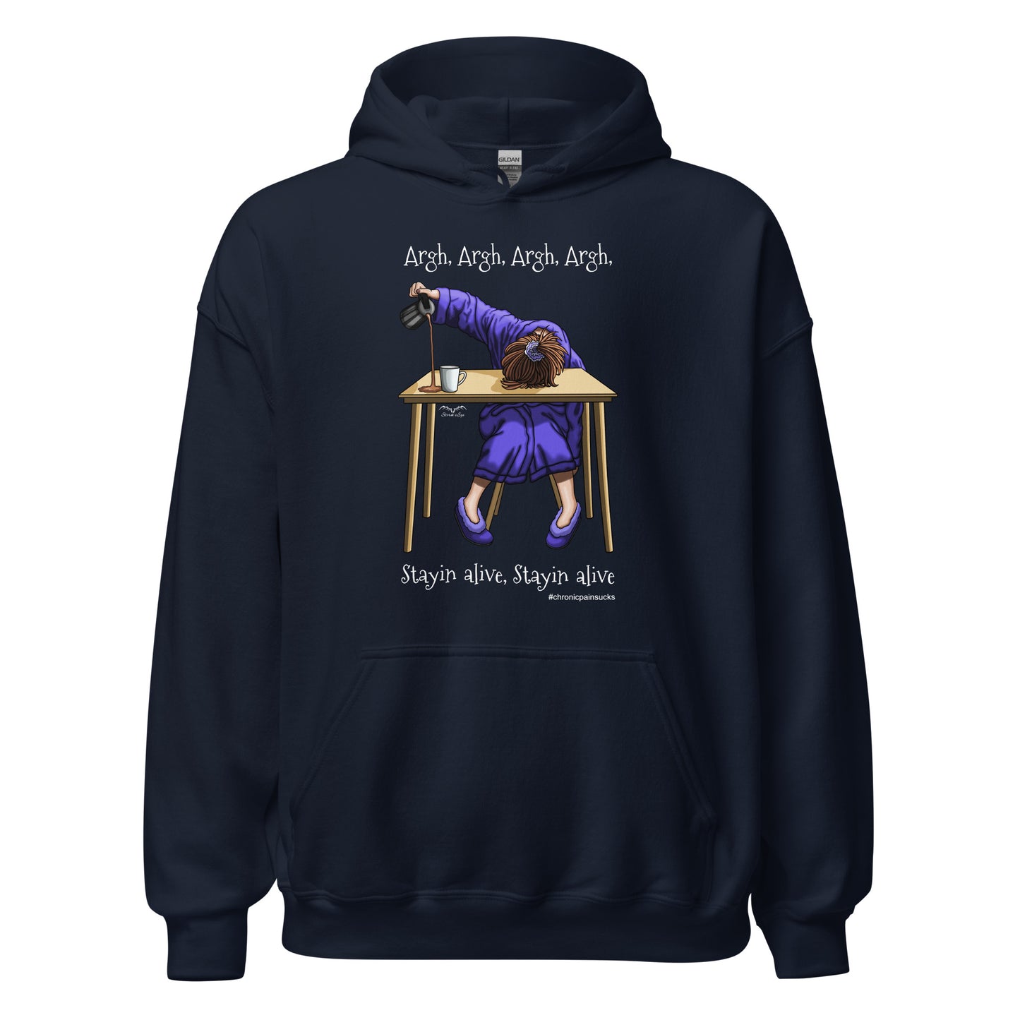 funny stayin alive chronic pain Hoodie by Stormseye Design, navy blue