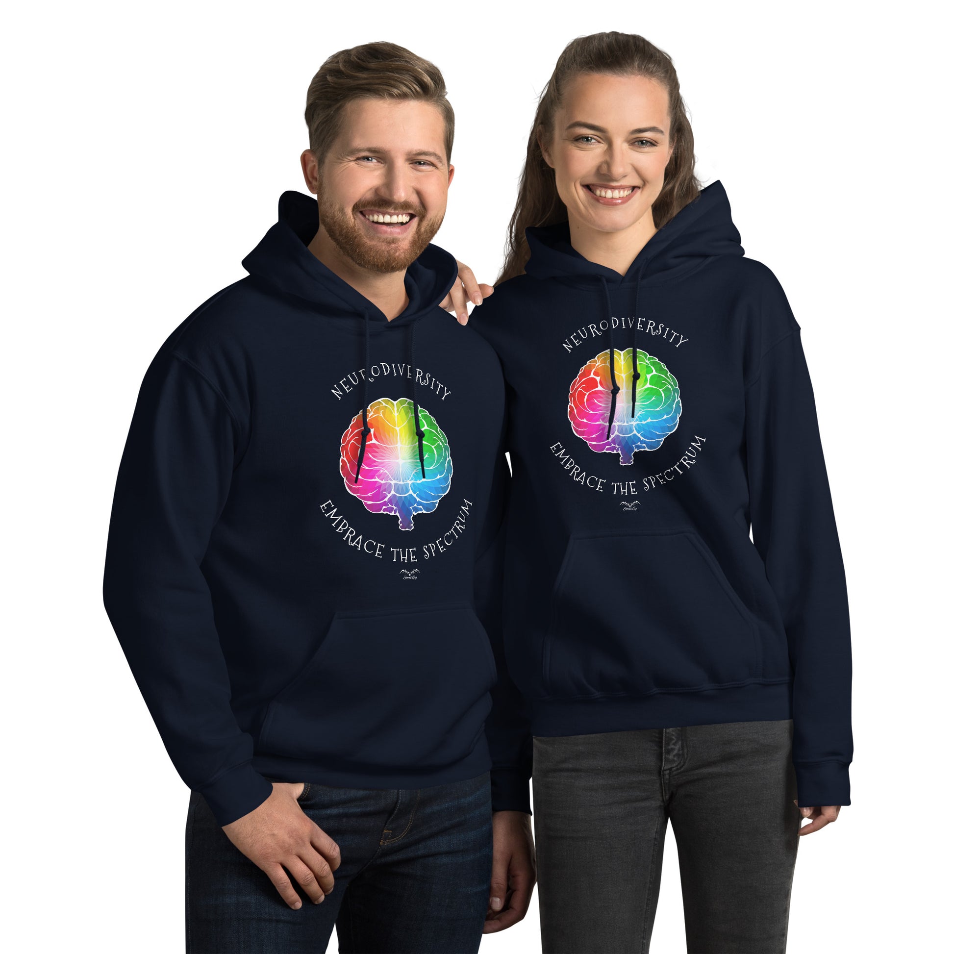 Neurodiversity spectrum ally Hoodie by Stormseye Design navy blue modelled view
