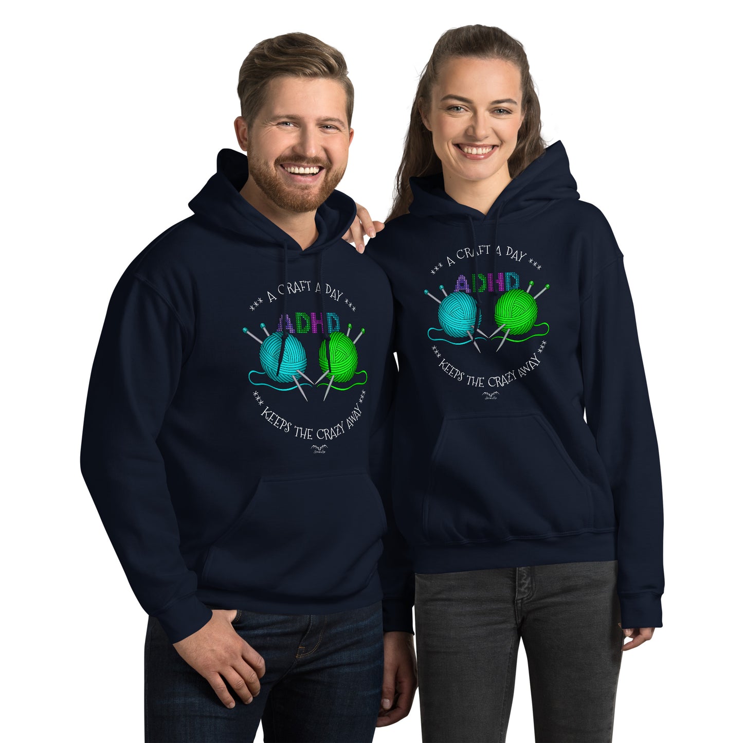 ADHD crafting hoodie by Stormseye Design navy blue. modelled view