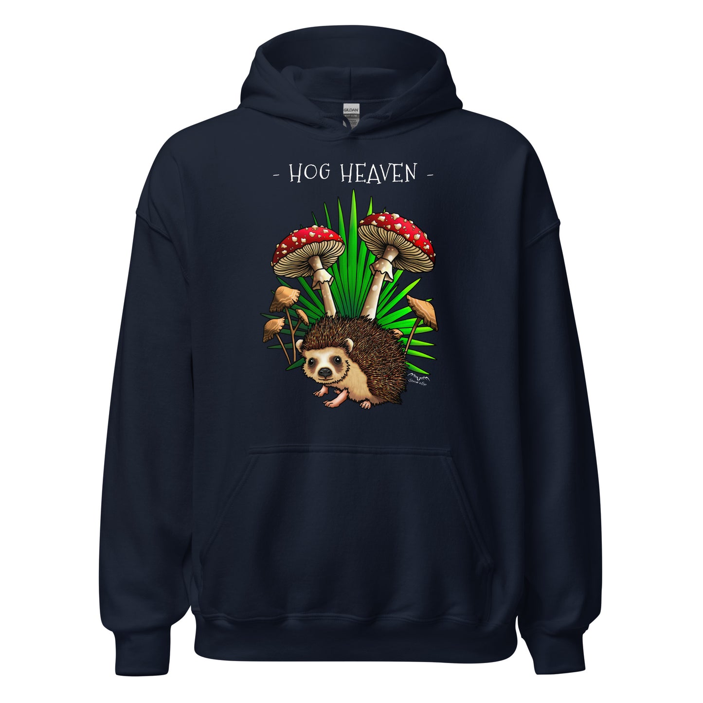 hog heaven hedgehog mushrooms hoodie by stormseye, navy blue