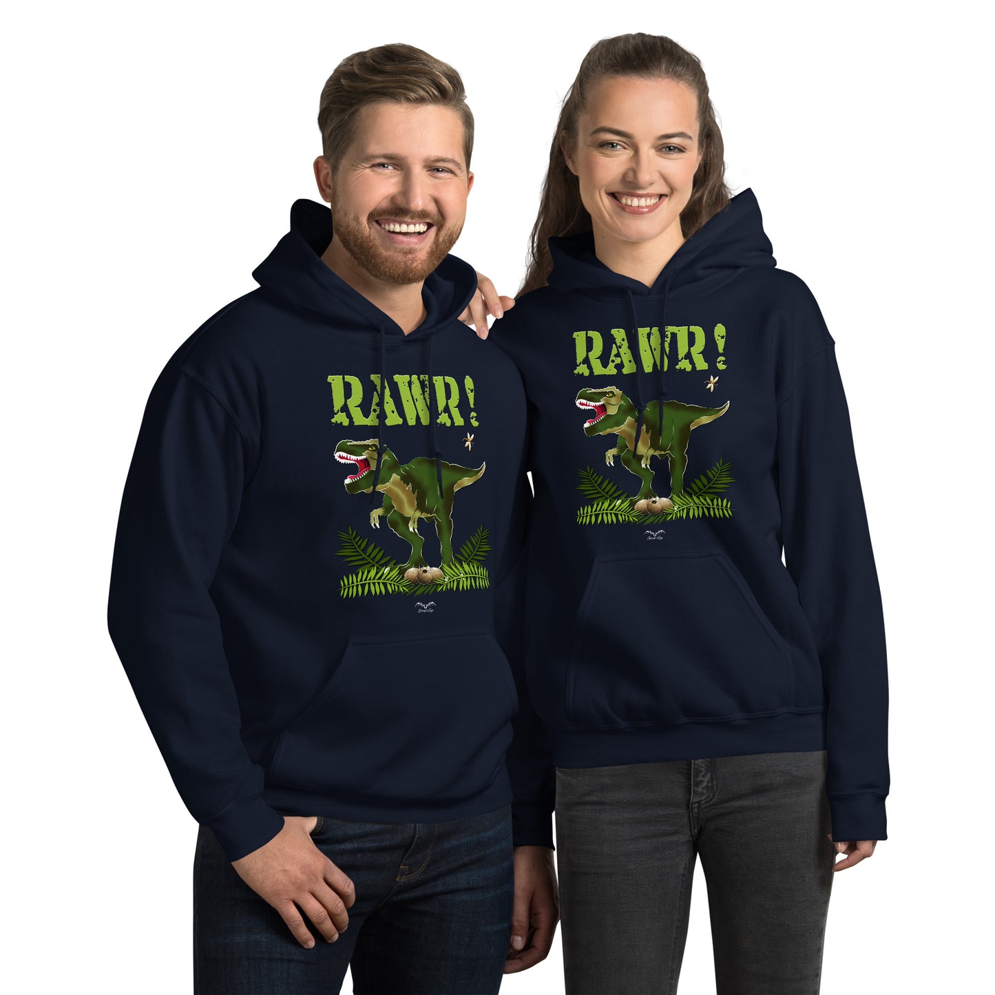 t rex dinosaur hoodie by stormseye design, navy blue, modelled view