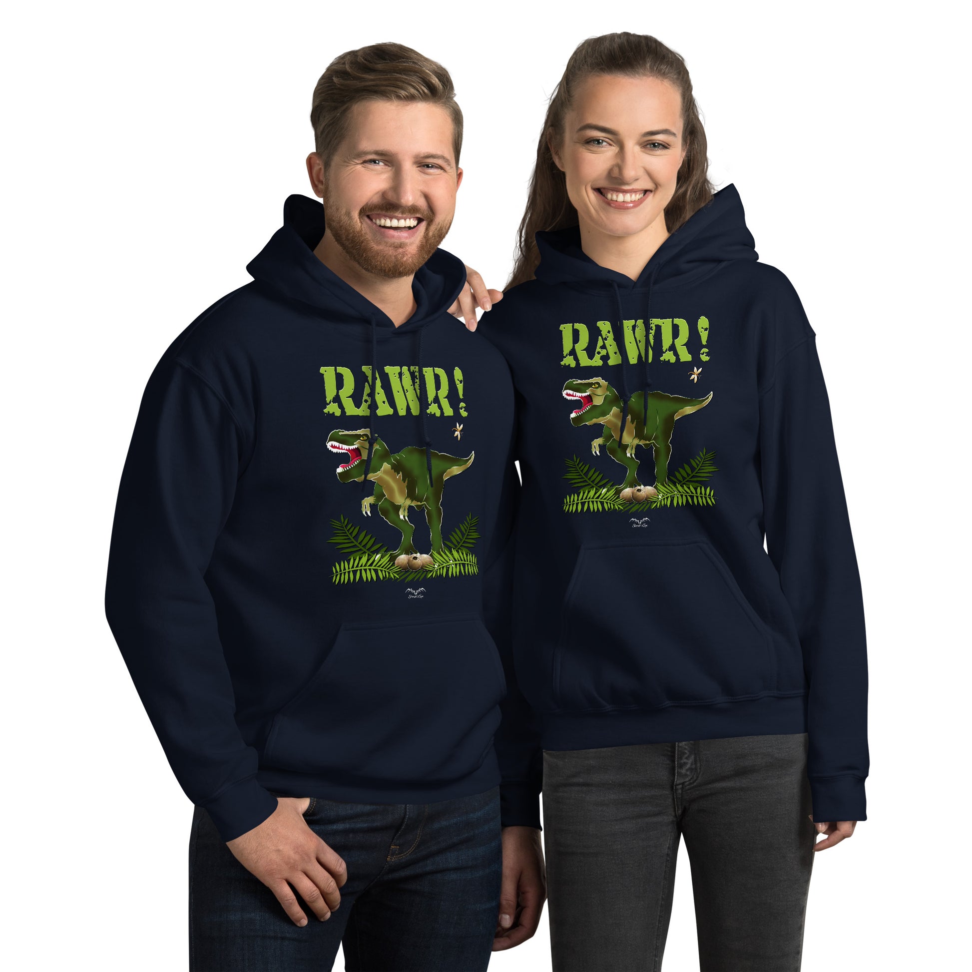t rex dinosaur hoodie by stormseye design, navy blue, modelled view