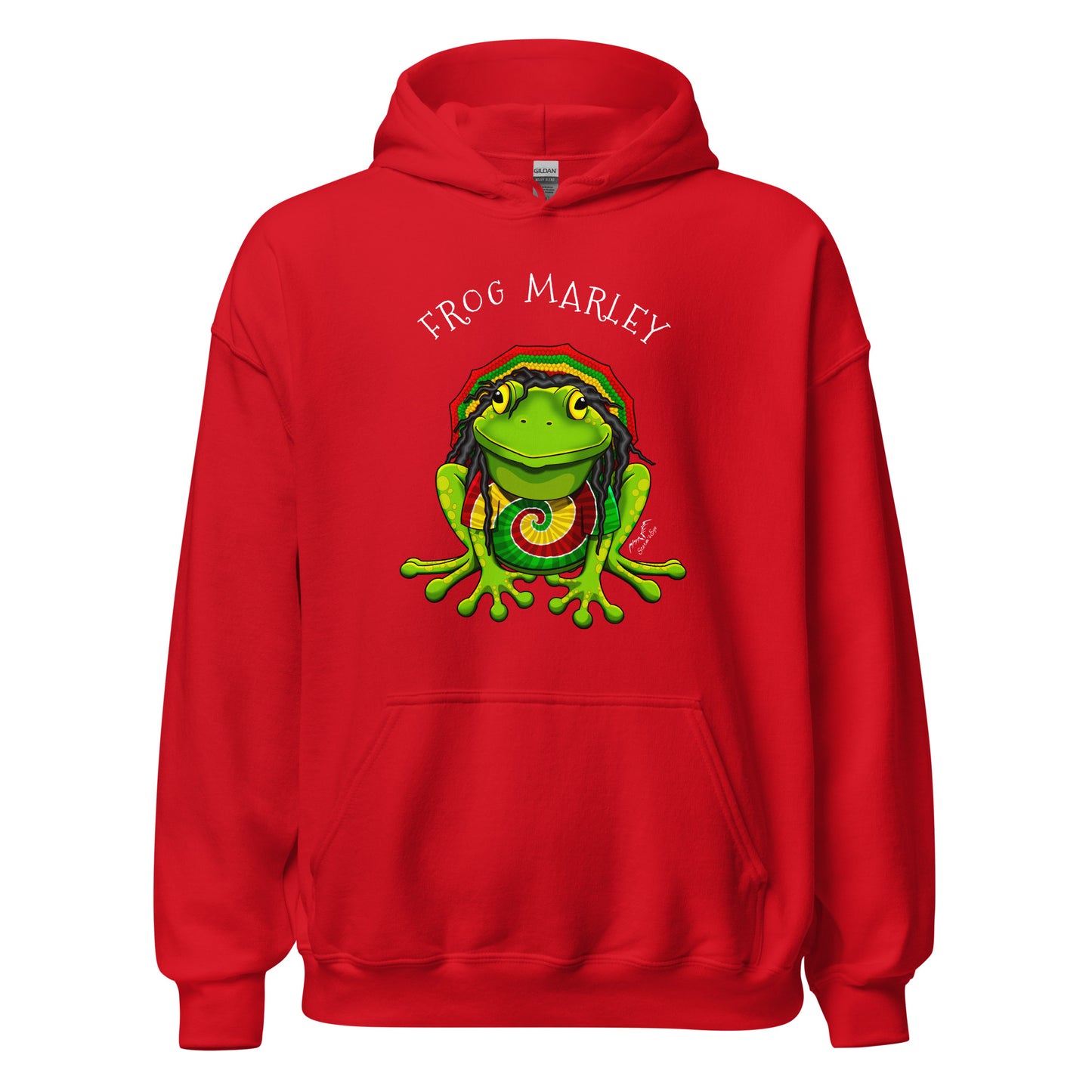 stormseye design frog marley reggae hoodie flat view bright red