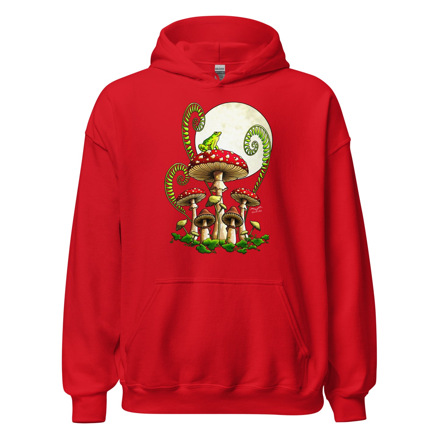 stormseye design moonlight mushrooms frog hoodie flat view bright red