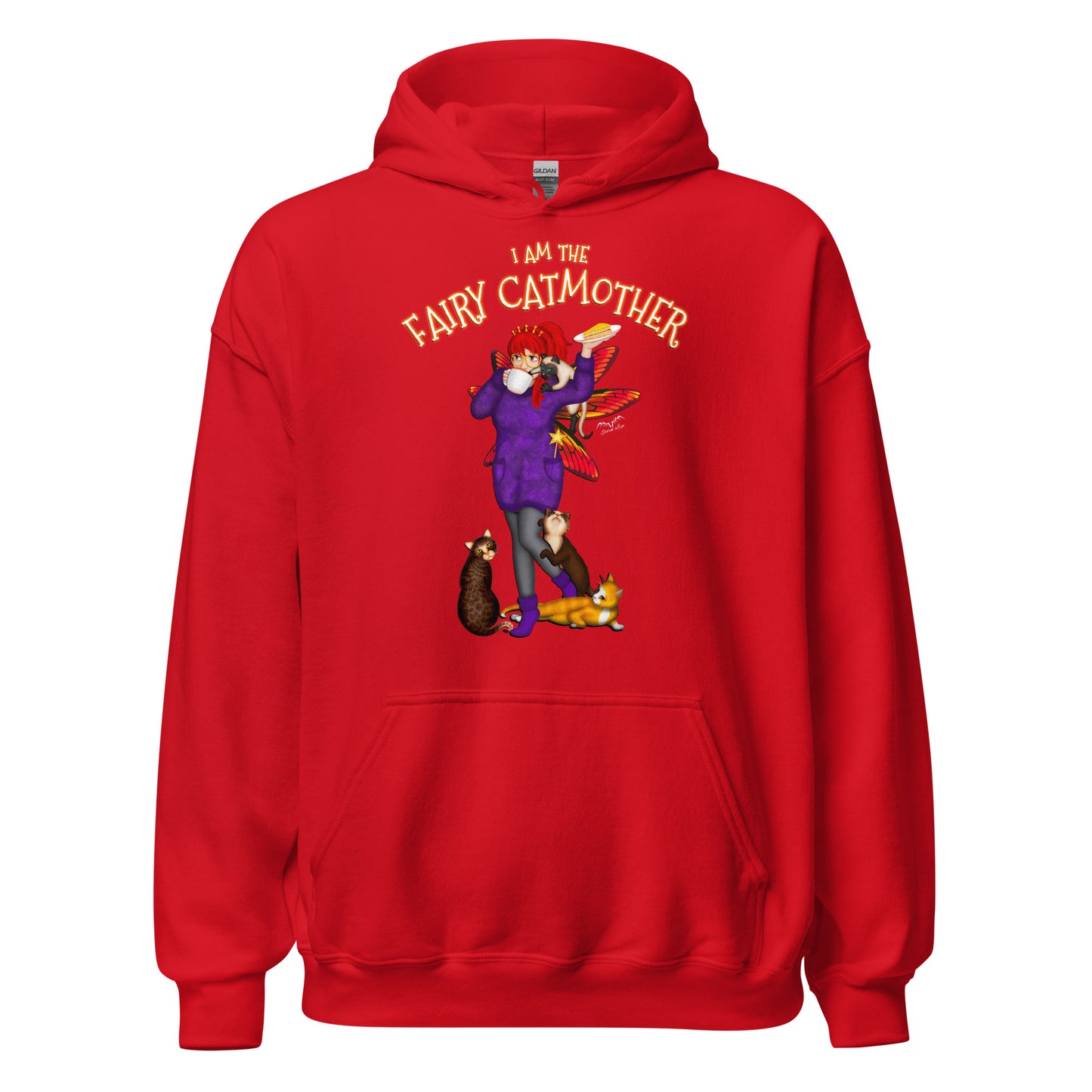 fairy cat mother hoodie for mum, bright red, by stormseye design
