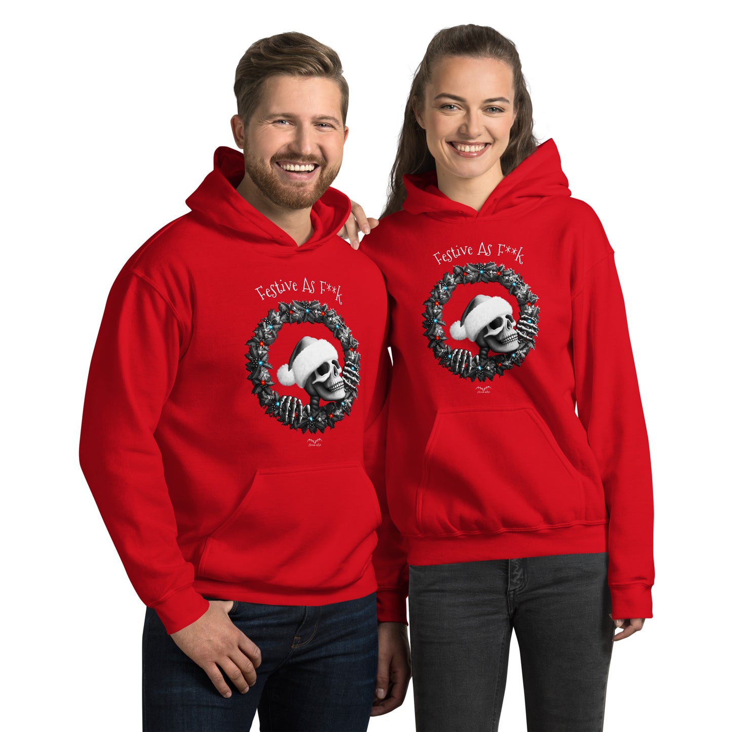stormseye design festive AF christmas hoodie modelled view red