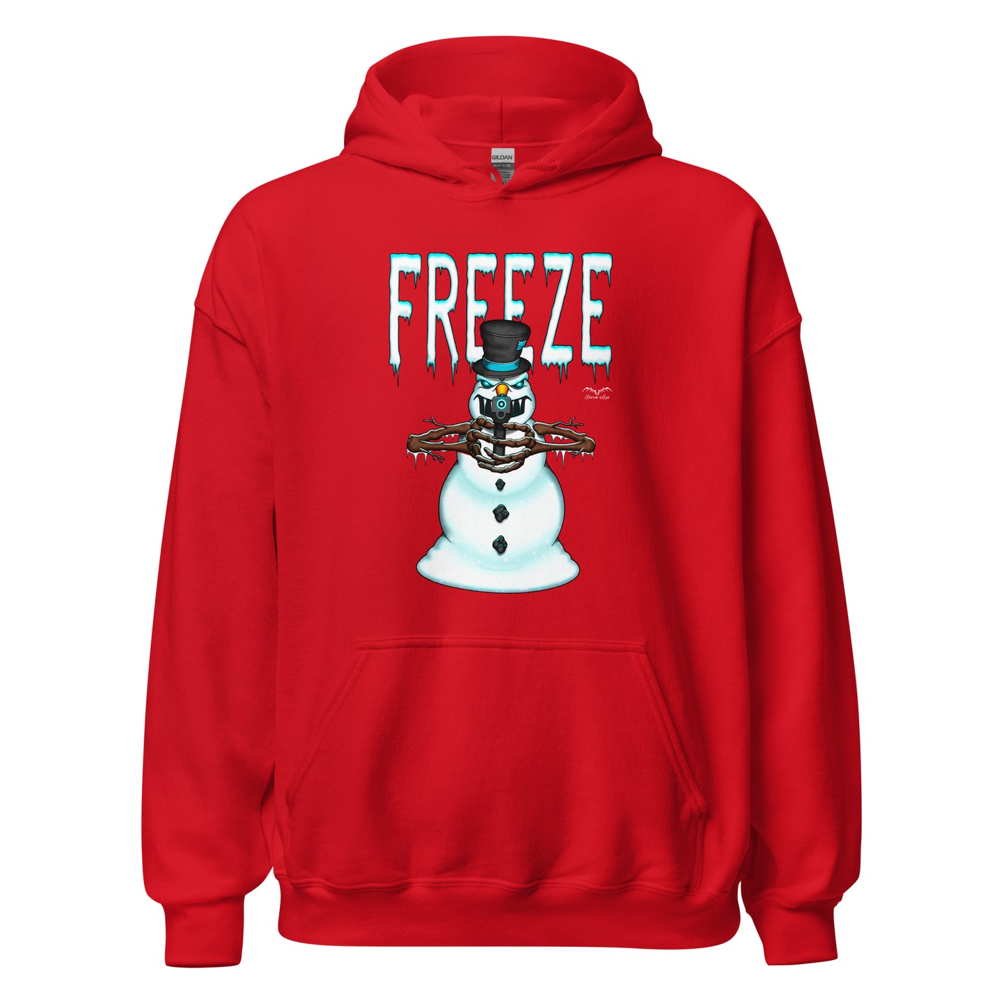 stormseye design mr freeze christmas hoodie flat view red