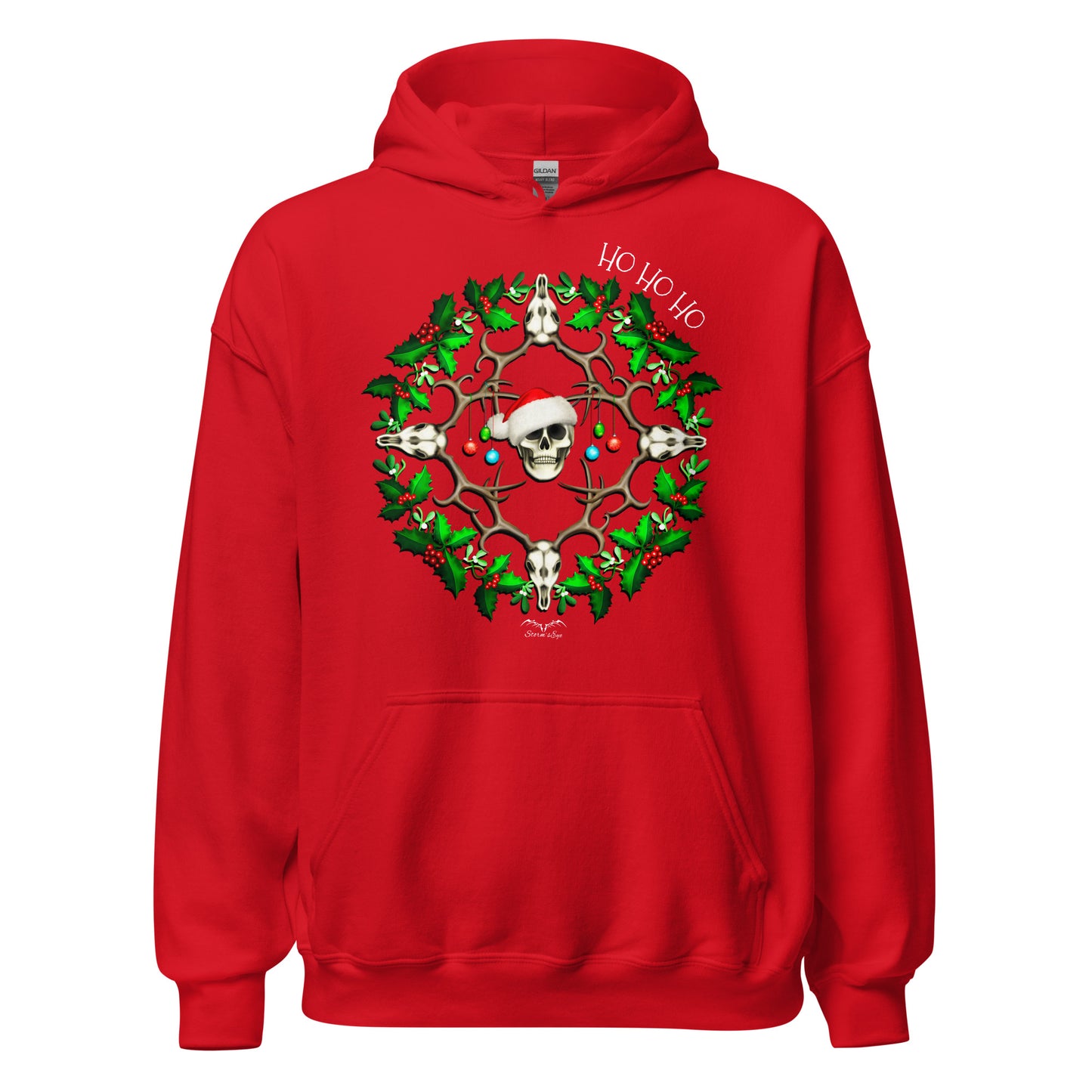 stormseye design festive skulls christmas hoodie flat view red