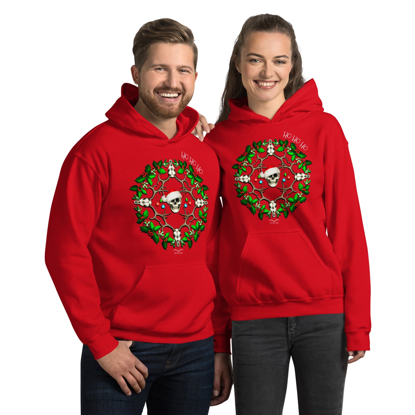 stormseye design festive skulls christmas hoodie modelled view red