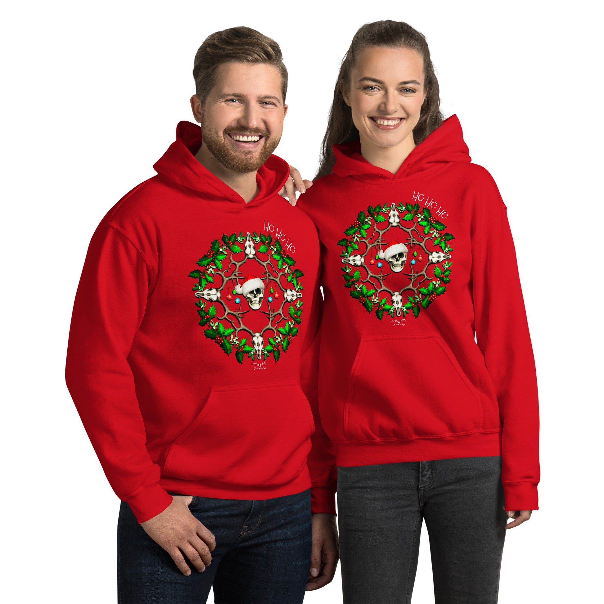 stormseye design festive skulls christmas hoodie modelled view red
