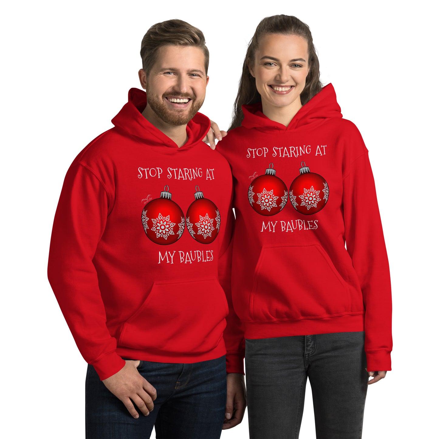 stormseye design stop staring funny christmas hoodie modelled view red