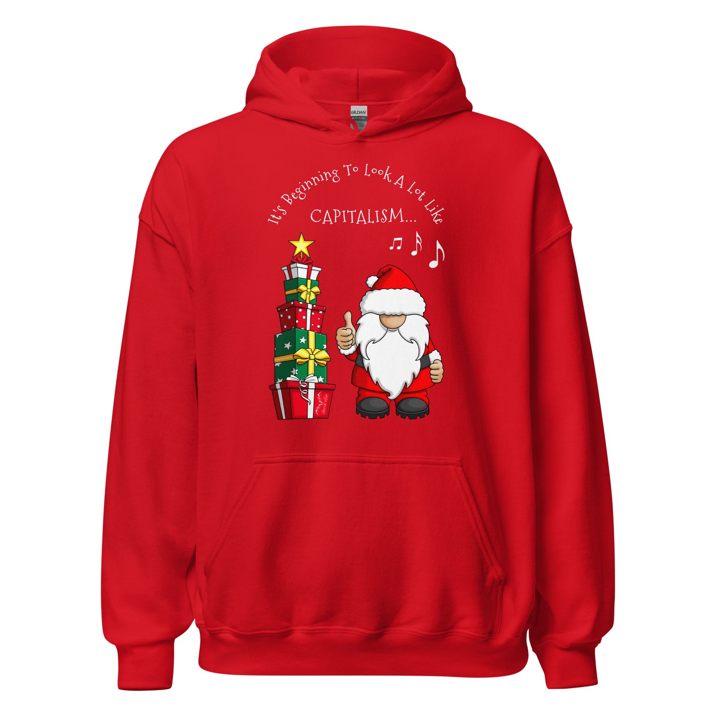 stormseye design festive capitalism christmas hoodie flat view red