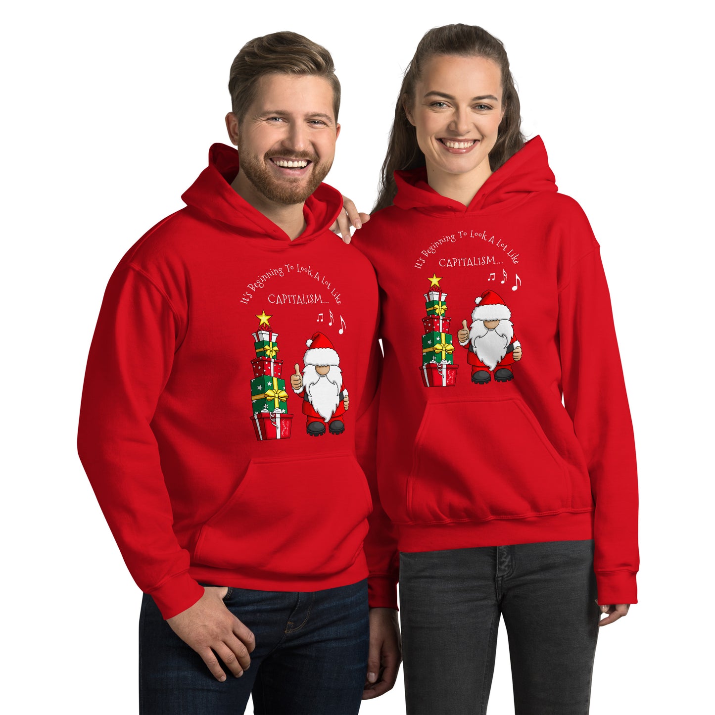 stormseye design festive capitalism christmas hoodie modelled view red