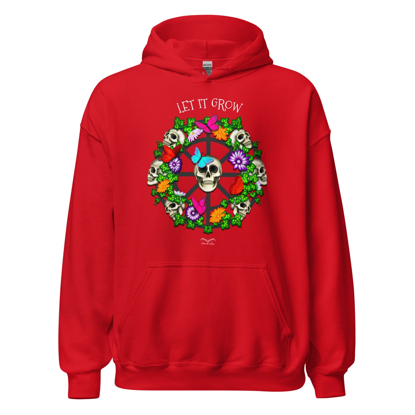 stormseye design skulls and flowers gothic hoodie flat view red