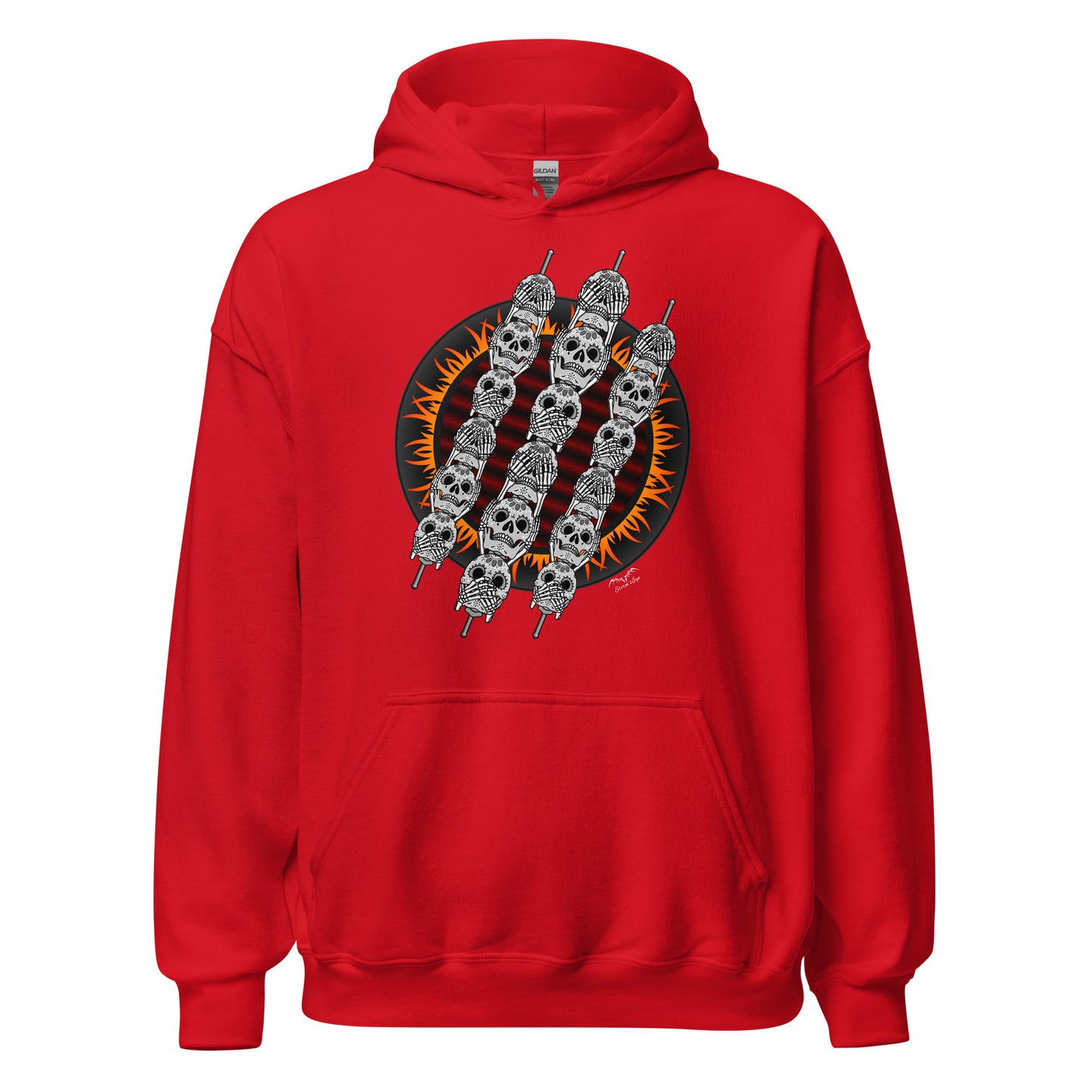 stormseye design skewer skulls BBQ hoodie flat view red