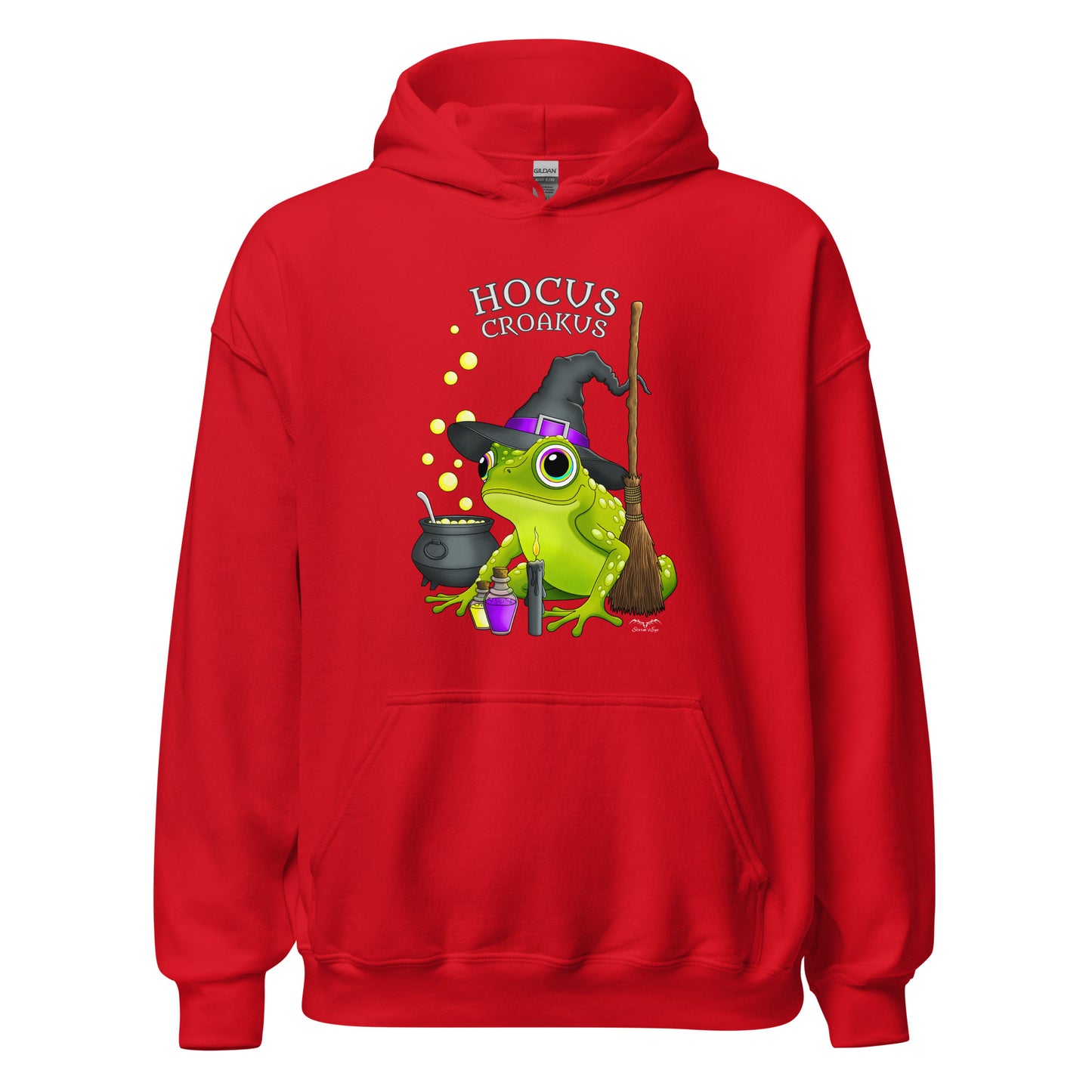 stormseye design witch frog hocus croakus hoodie flat view red