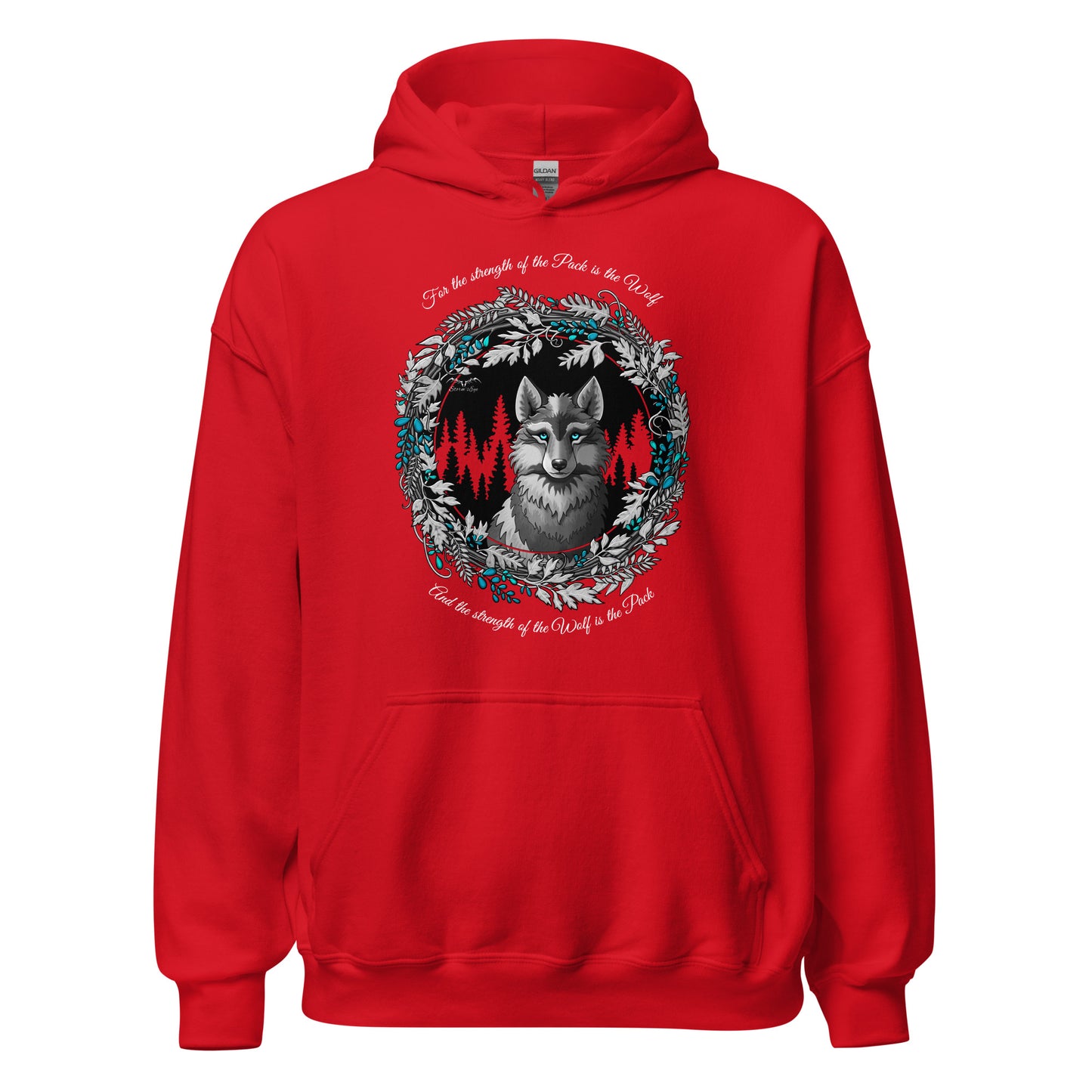 stormseye design silver winter wolf hoodie flat view red