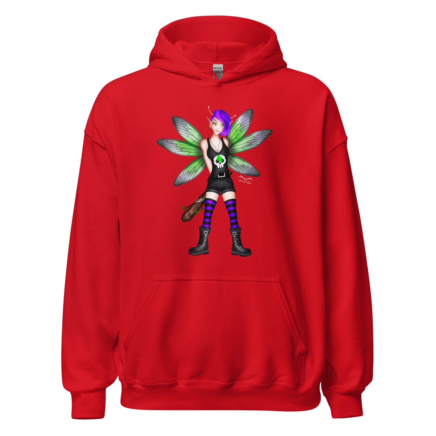 stormseye design rocker fairy fink hoodie flat view red