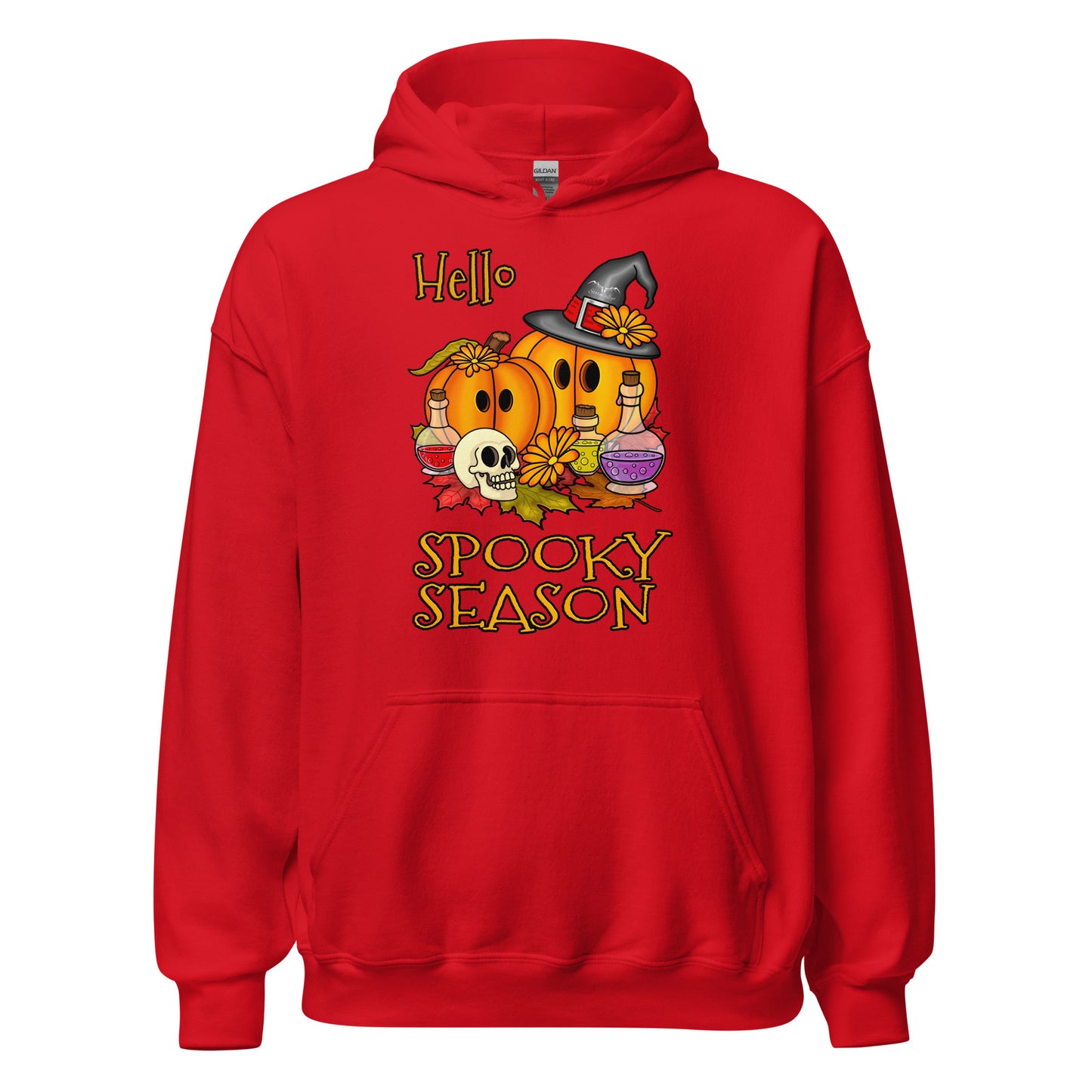 stormseye design hello spooky season hoodie flat view red
