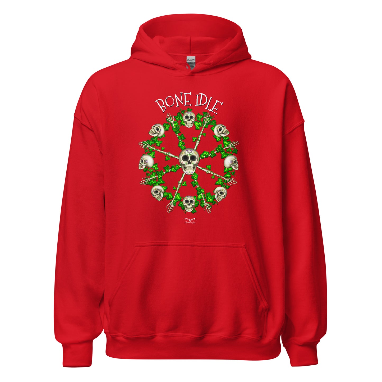 stormseye design bone idle skulls hoodie flat view red