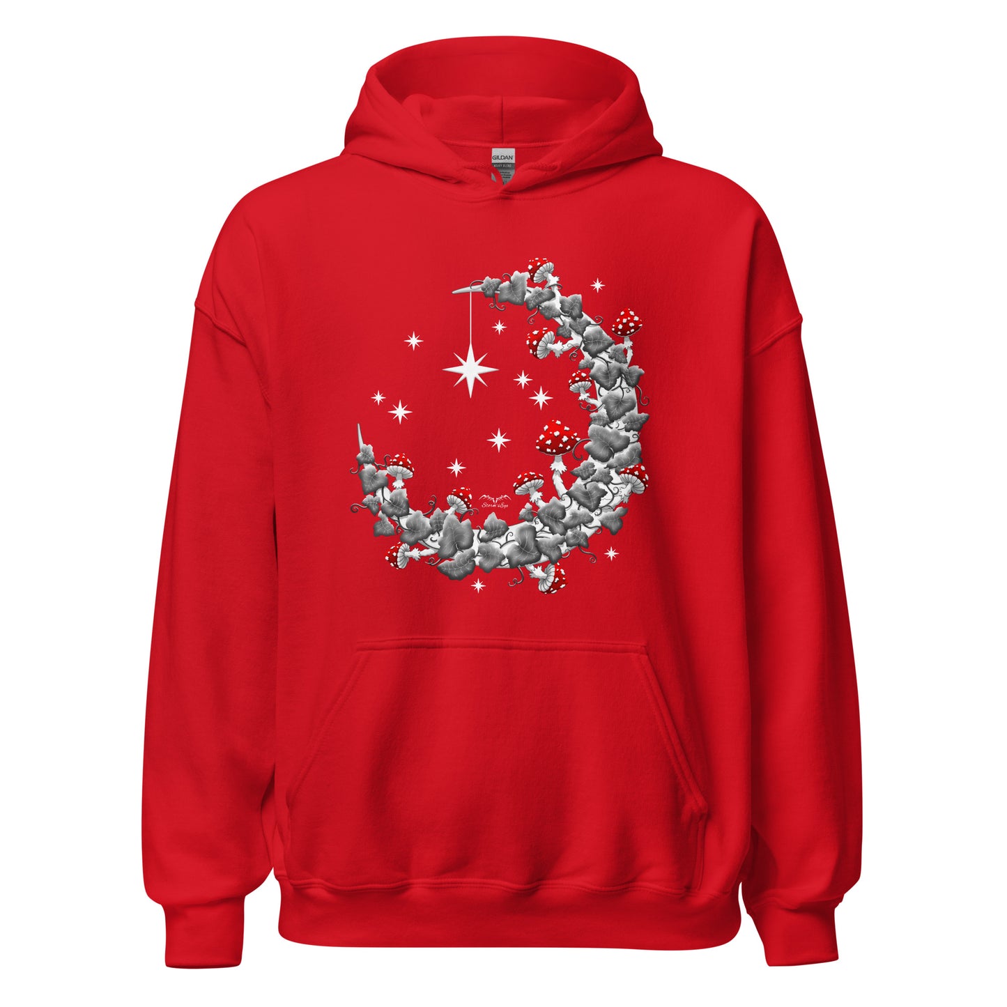 stormseye design mushroom moon hoodie flat view red