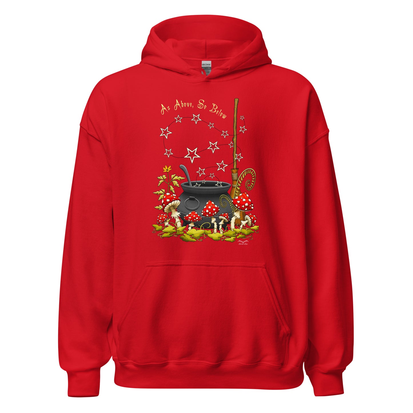 stormseye design witchy mushrooms hoodie, flat view, red