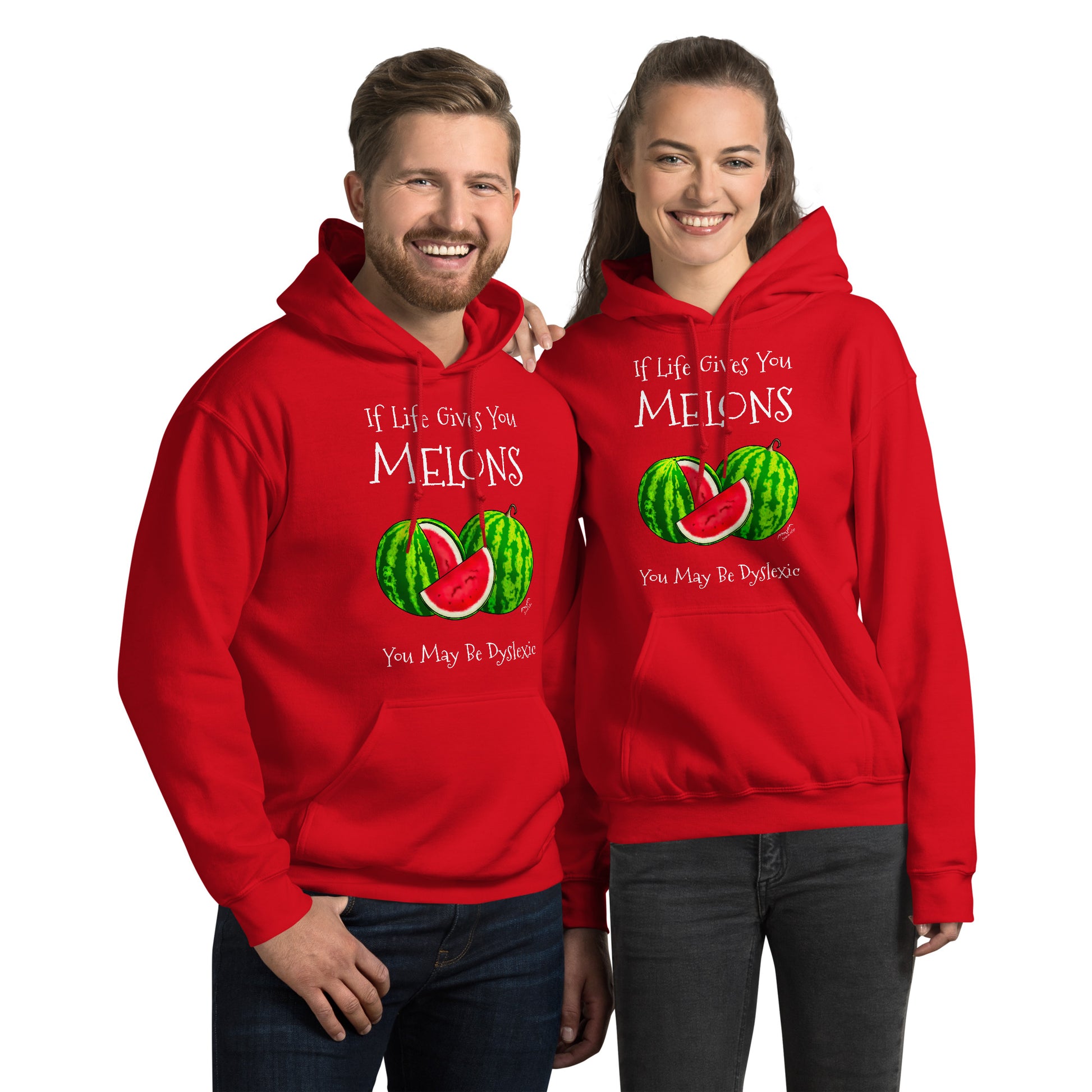 Funny Dyslexia Melons Hoodie by Stormseye Design, red, modelled view