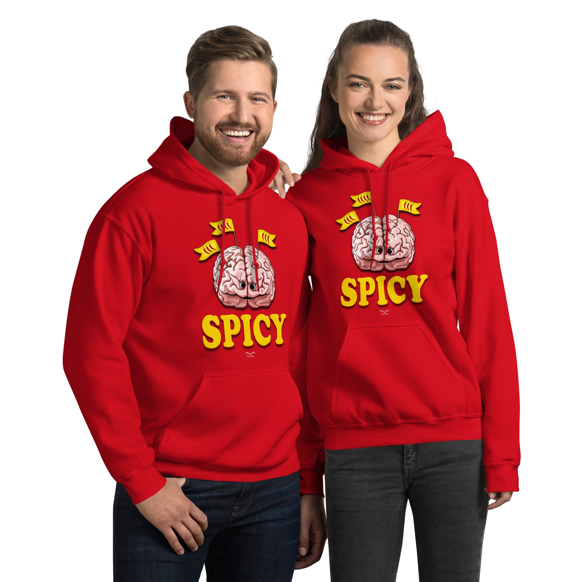spicy brain hoodie by stormseye design  red, modelled view