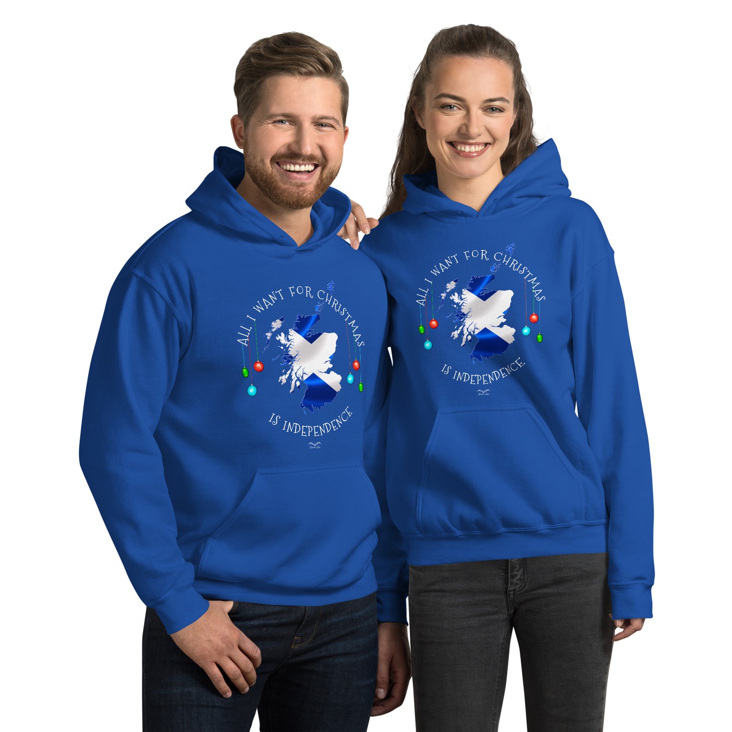 stormseye design christmas scottish independence hoodie modelled view royal blue